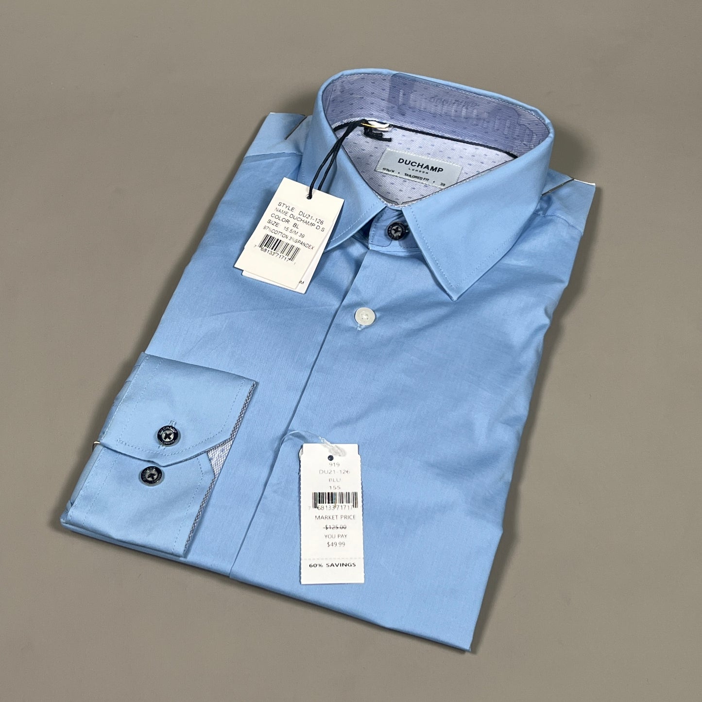 DUCHAMP LONDON Light Blue Solid Tailored-fit Dress Shirt Men's Sz M / 39 / 15.5 (New)