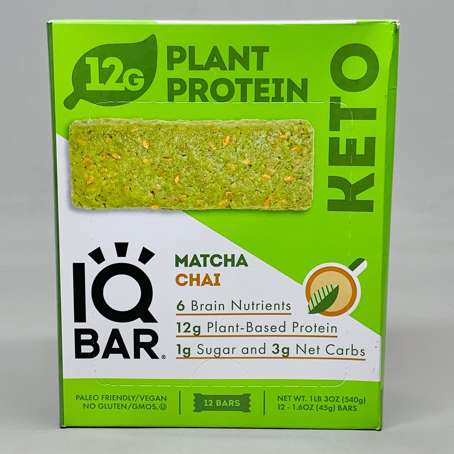 ZA@ IQ Bar Plant Protein Bars Matcha Chai Case of 6 - 12PK (72) 1.6oz 6/23 F