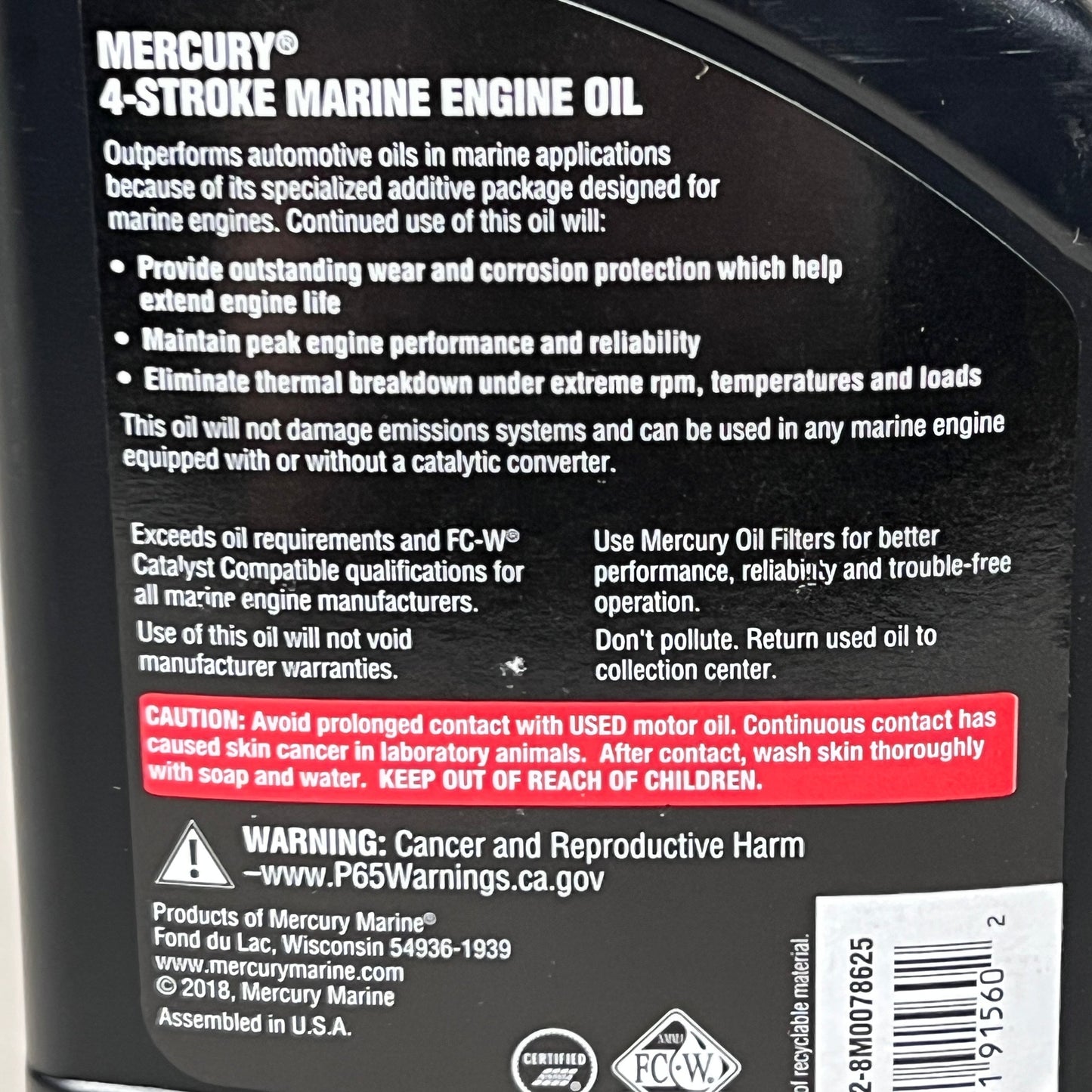 ZA@ MERCURY (6 PACK) 4-Stroke Marine Engine Oil SAE 10W-30 32 fl oz 92-8M0078625 (New) C