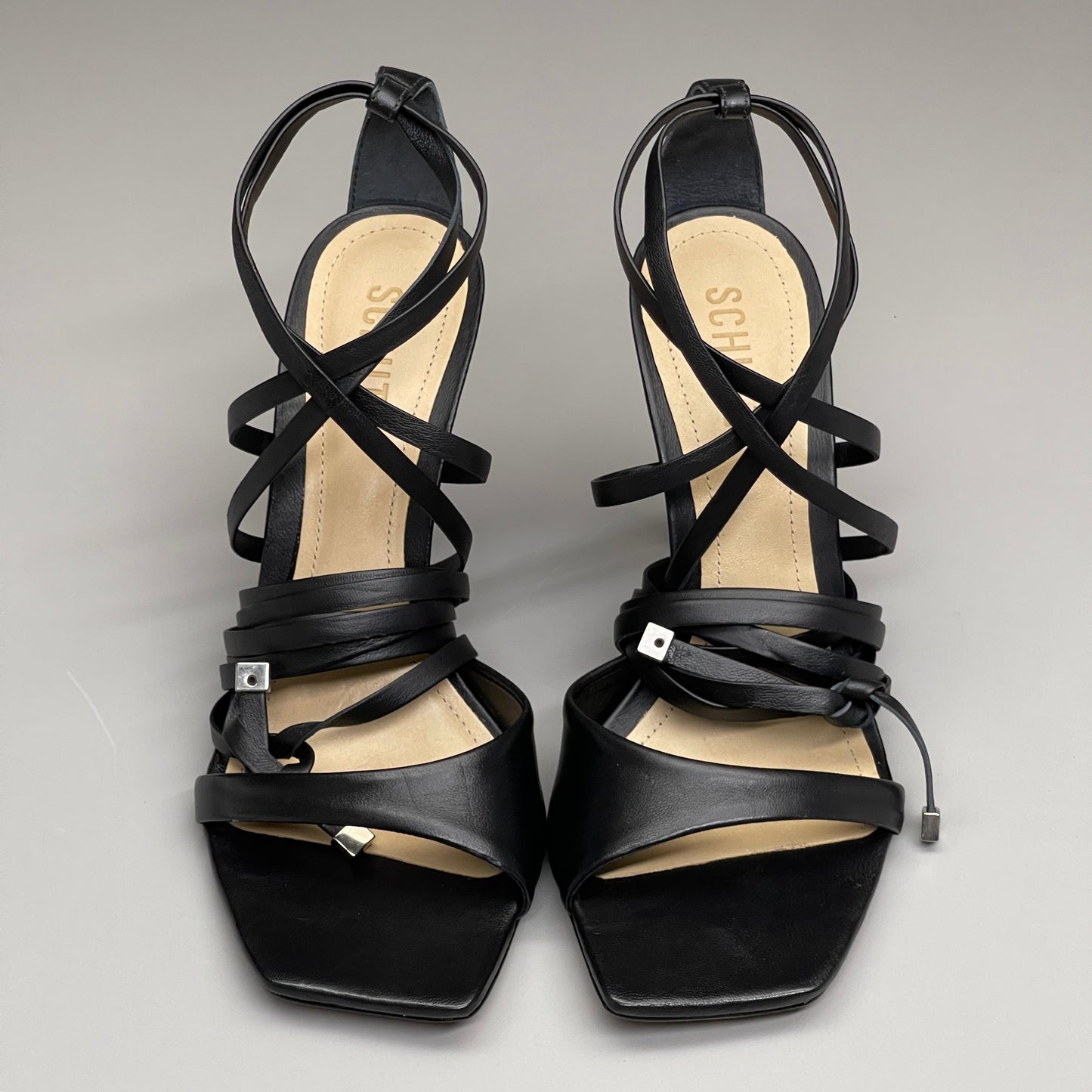 SCHUTZ Bryce Ankle Tie Women's Leather High Heel Strappy Sandal Black Sz 11B (New)