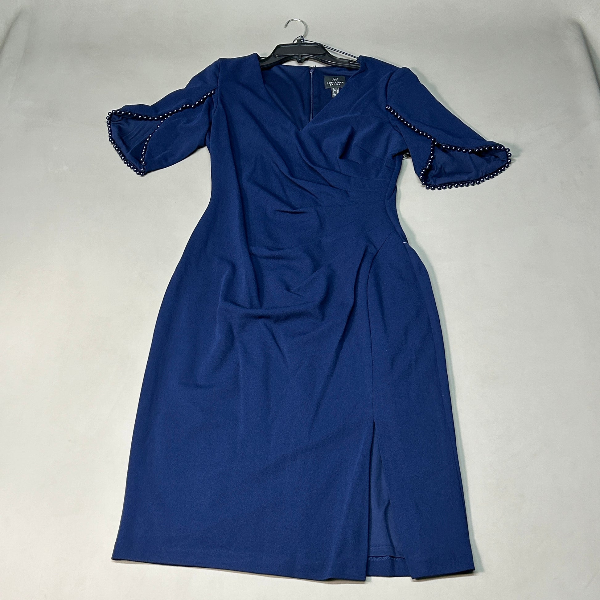 Adrianna Papell Pearl Embellished Knit Crepe Sheath Dress, Navy Sateen, Size: 8 Adrianna Papell Pearl Embellished Knit Crepe Sheath Dress, Navy Sateen, Size: 8