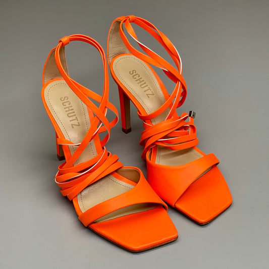 SCHUTZ Bryce Ankle Tie Women's High Heel Leather Strappy Sandal Acid Orange Sz 7.5 (New)