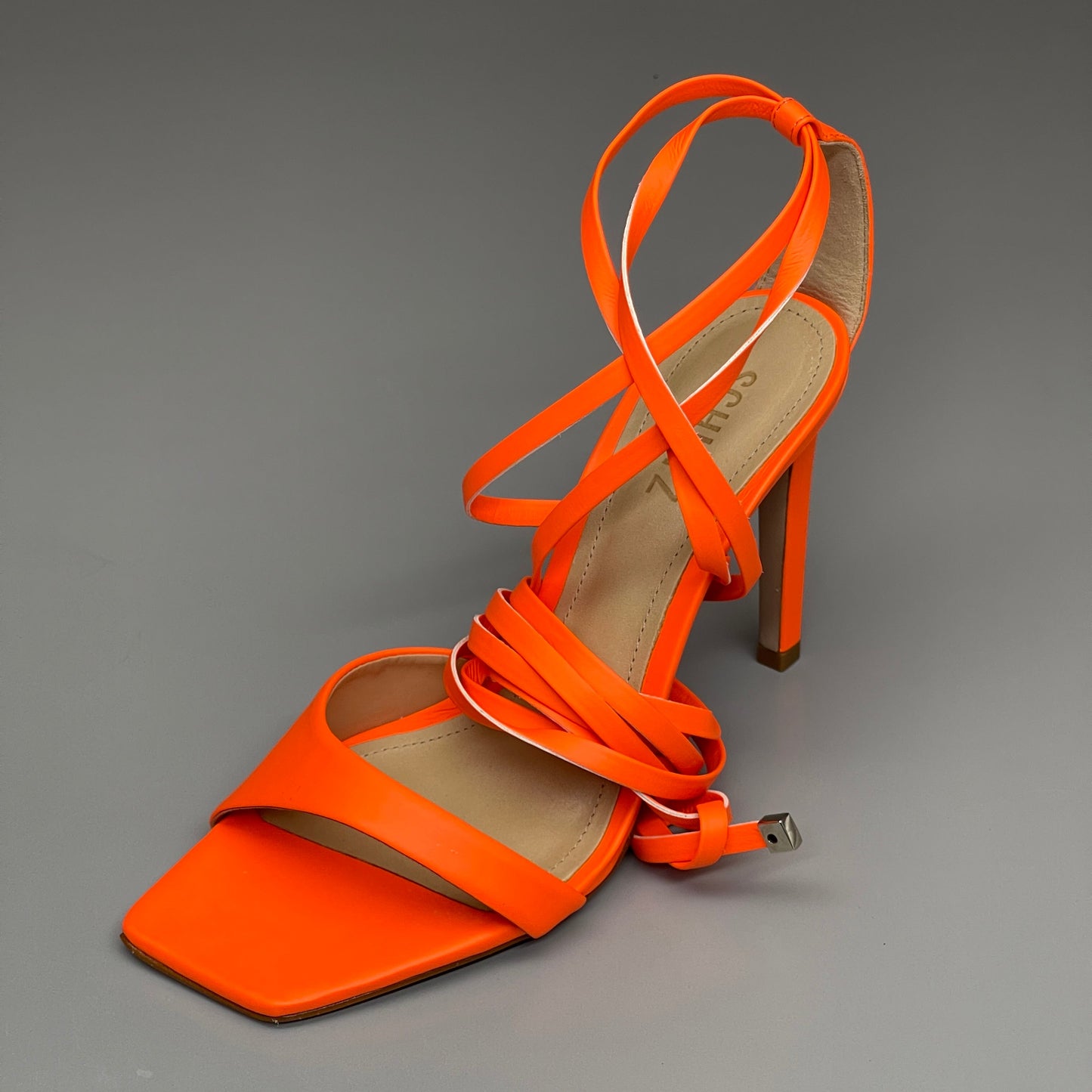 SCHUTZ Bryce Ankle Tie Women's High Heel Leather Strappy Sandal Acid Orange Sz 5 (New)