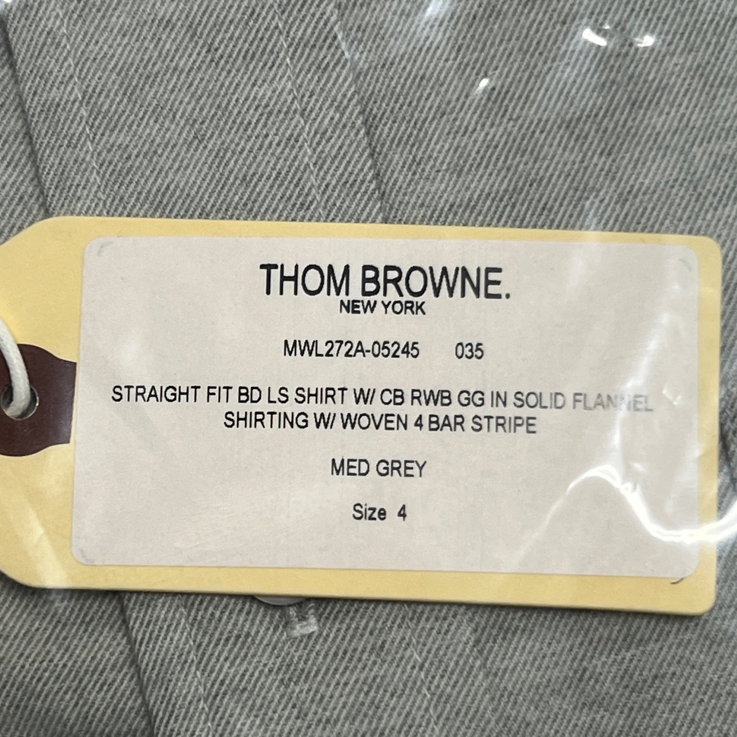 THOM BROWNE Straight Fit Button-Down Long Sleeve w/CB RWB Flannel shirt w/woven 4 Bar Sleeve in Med Grey Size 4 (NEW)