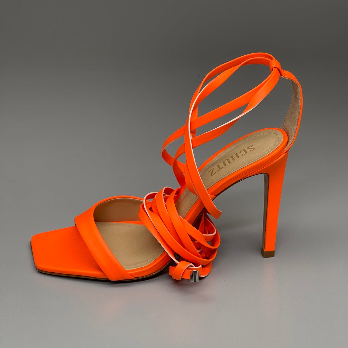 SCHUTZ Bryce Ankle Tie Women's High Heel Leather Strappy Sandal Acid Orange Sz 7 (New)