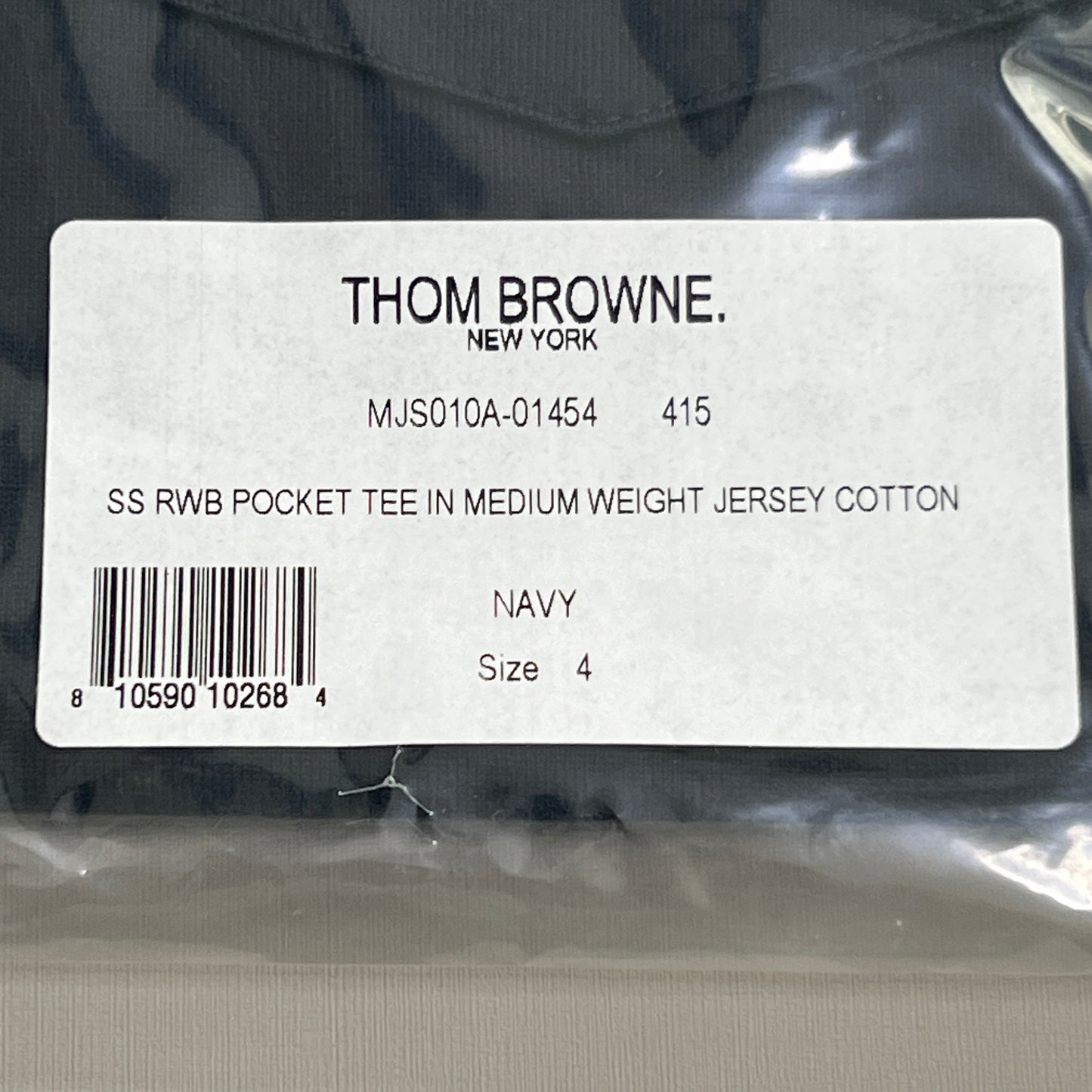 THOM BROWNE Short Sleeve RWB Pocket Tee in Medium Weight Jersey Cotton Navy Size 4(New)