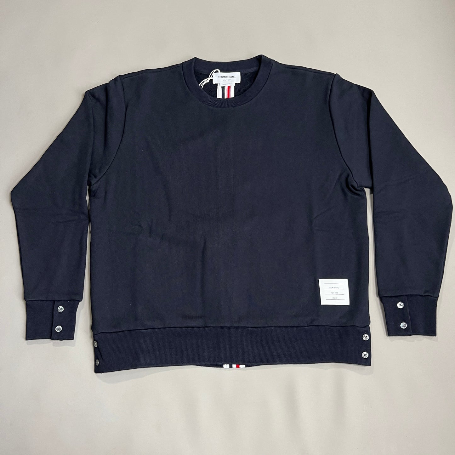 THOM BROWNE Crewneck Pullover w/Center-Back RWB Stripe in Classic Loopback Navy Size 3 (New)