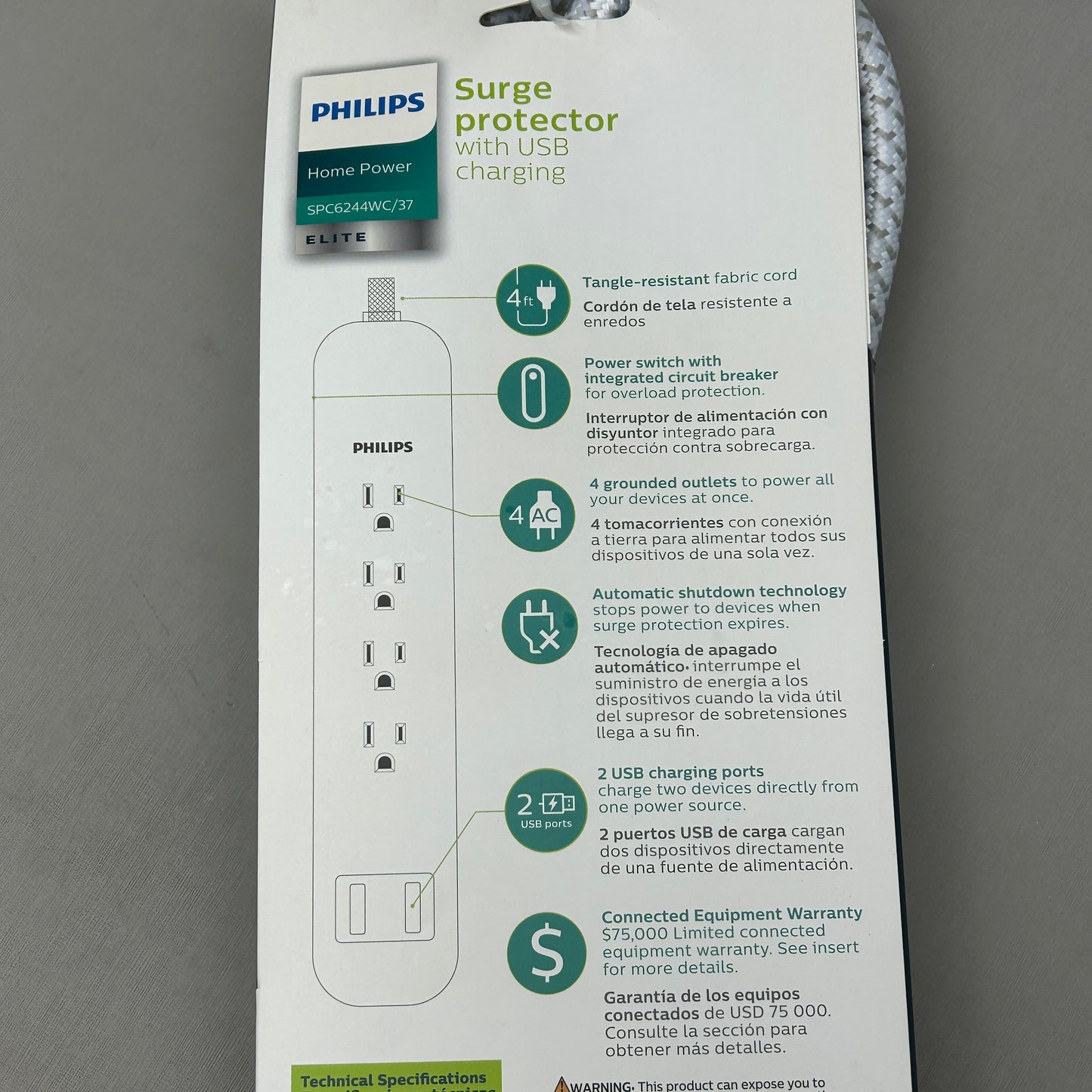 PHILLIPS 2-PACK! Surge Protector 4 Outlet 2 USB Power Strip 4ft (New)