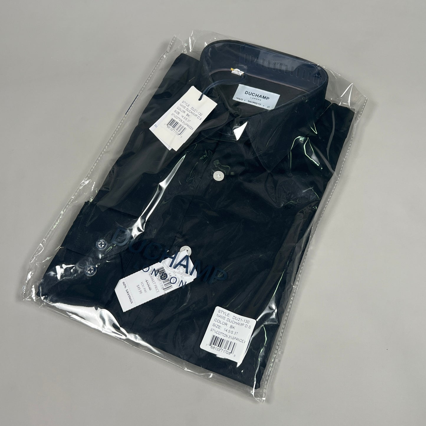 DUCHAMP LONDON Black Solid Tailored-fit Dress Shirt Men's Sz S / 37 / 14.5 (New)
