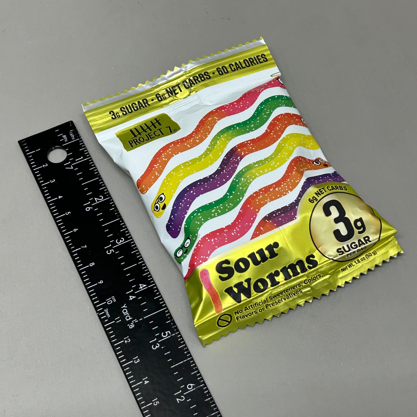 PROJECT 7 Gummy Sour Worms 8-Pack! 3 Grams of Sugar per Bag 8-1.8oz (New)