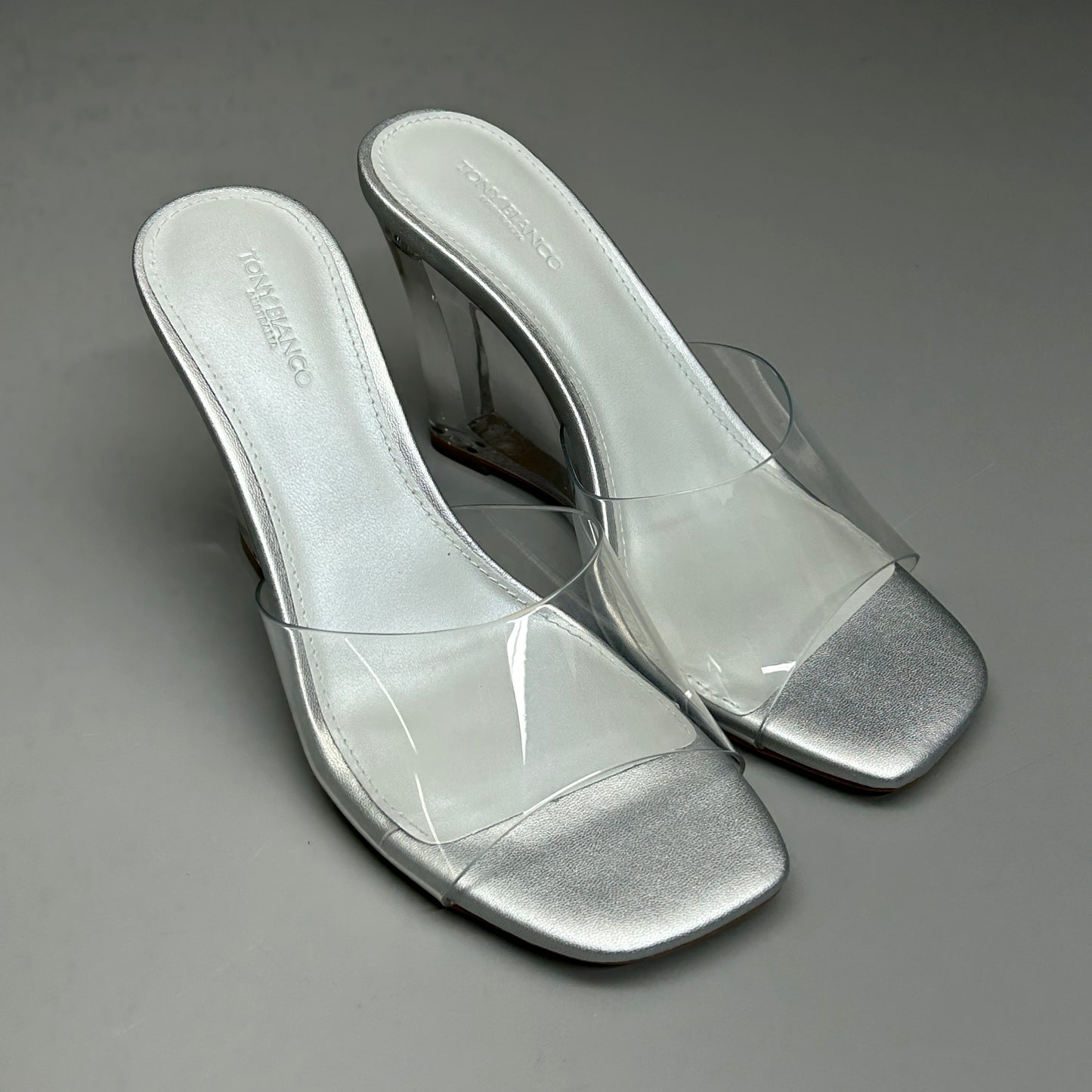 TONY BIANCO Alessi Clear Vinylite/Silver Wedges Women's Heels Sz 8.5 (New)