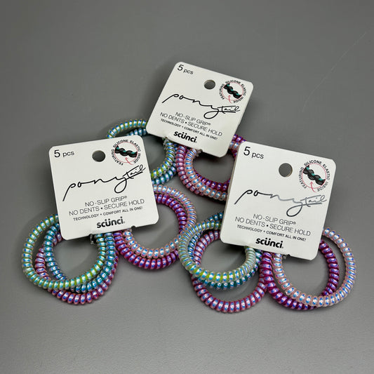 SCUNCI 3-PACK! Inner Core Spiral Ponytail Holders Iridescent 5-Pieces (New)
