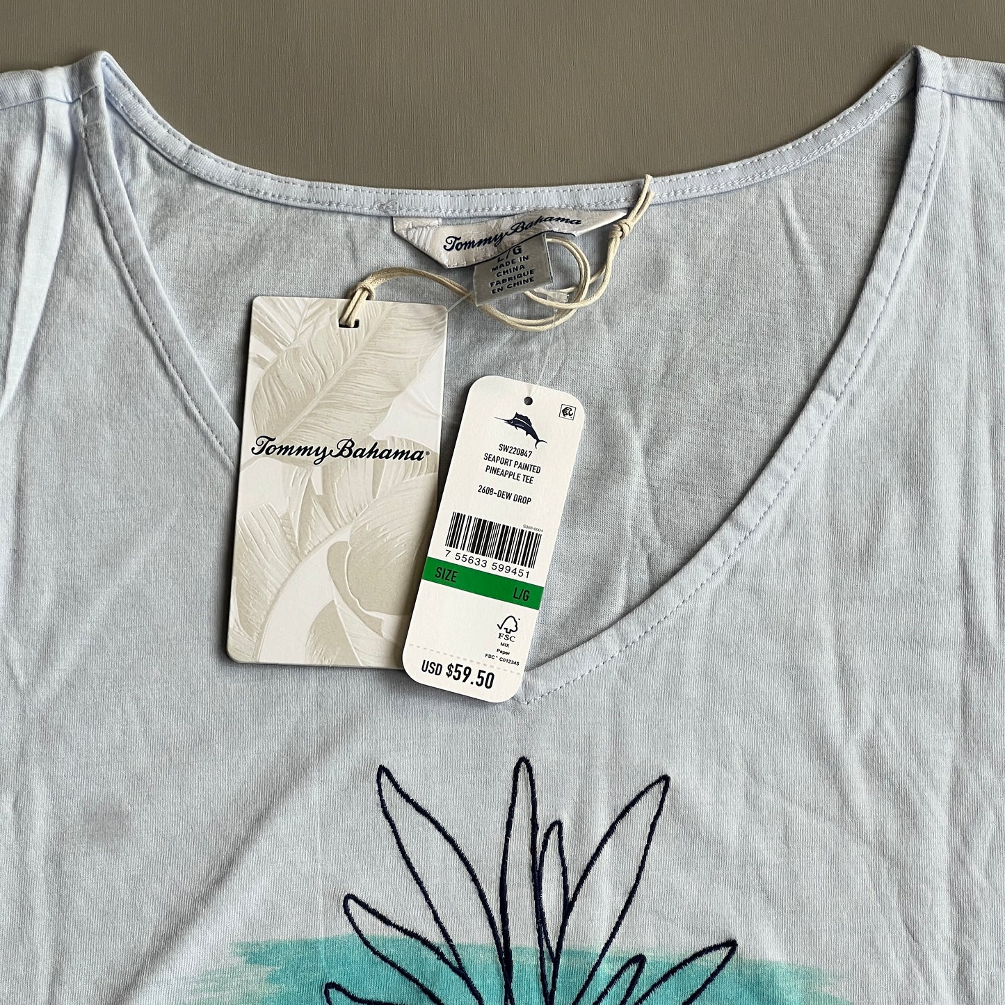 TOMMY BAHAMA Women's Seaport Painted Pineapple Tee T-shirt Dew Drop Size L (New)