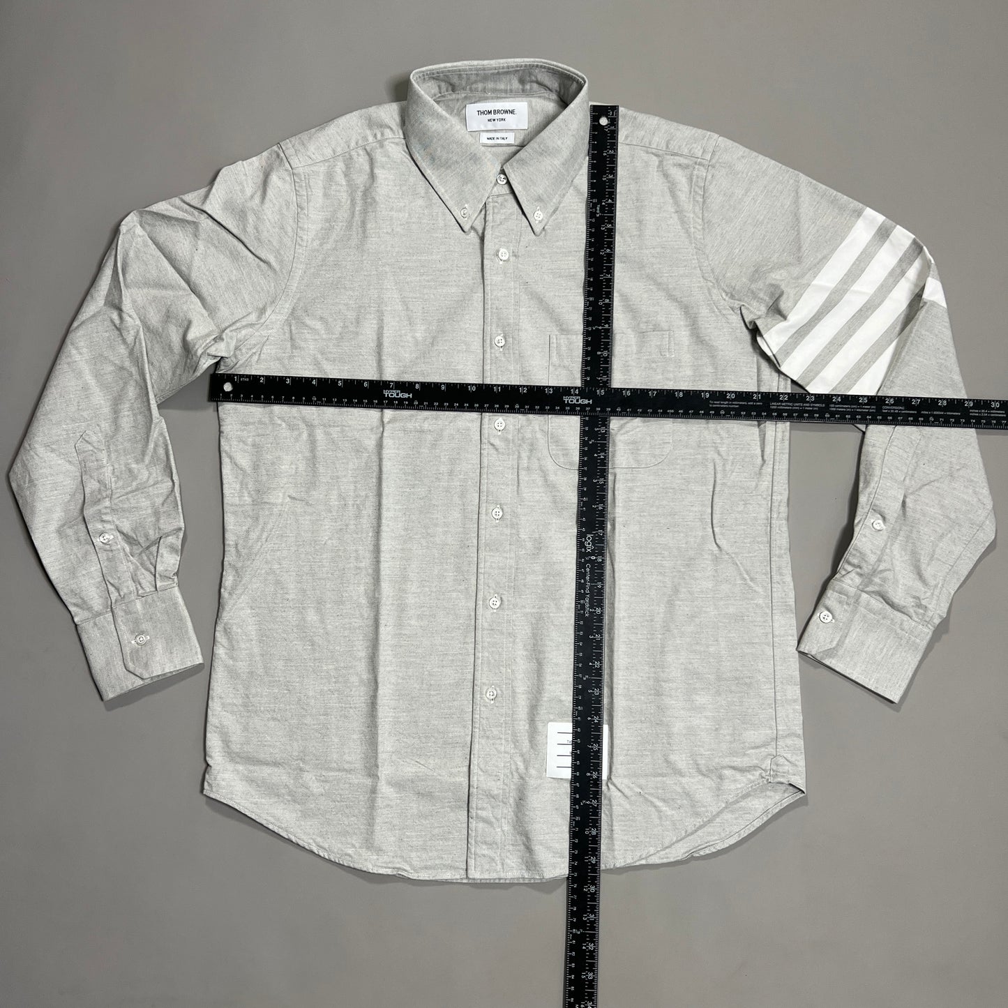 THOM BROWNE Straight Fit Button-Down Long Sleeve w/CB RWB Flannel shirt w/woven 4 Bar Sleeve in Med Grey Size 3 (NEW)