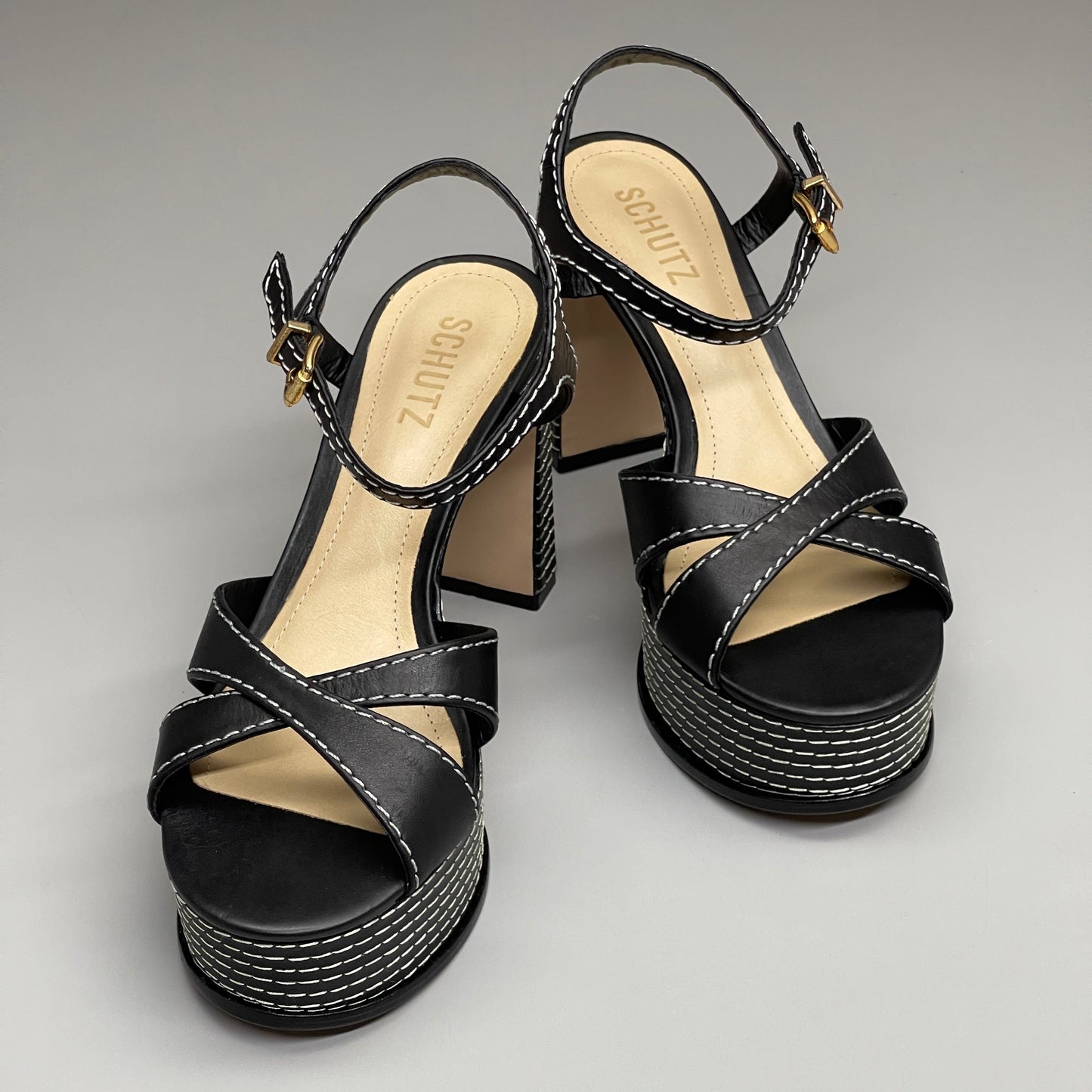 SCHUTZ Keefa Casual Women's Leather Sandal Black Platform 4" Heel Shoes Sz 6.5B (New)