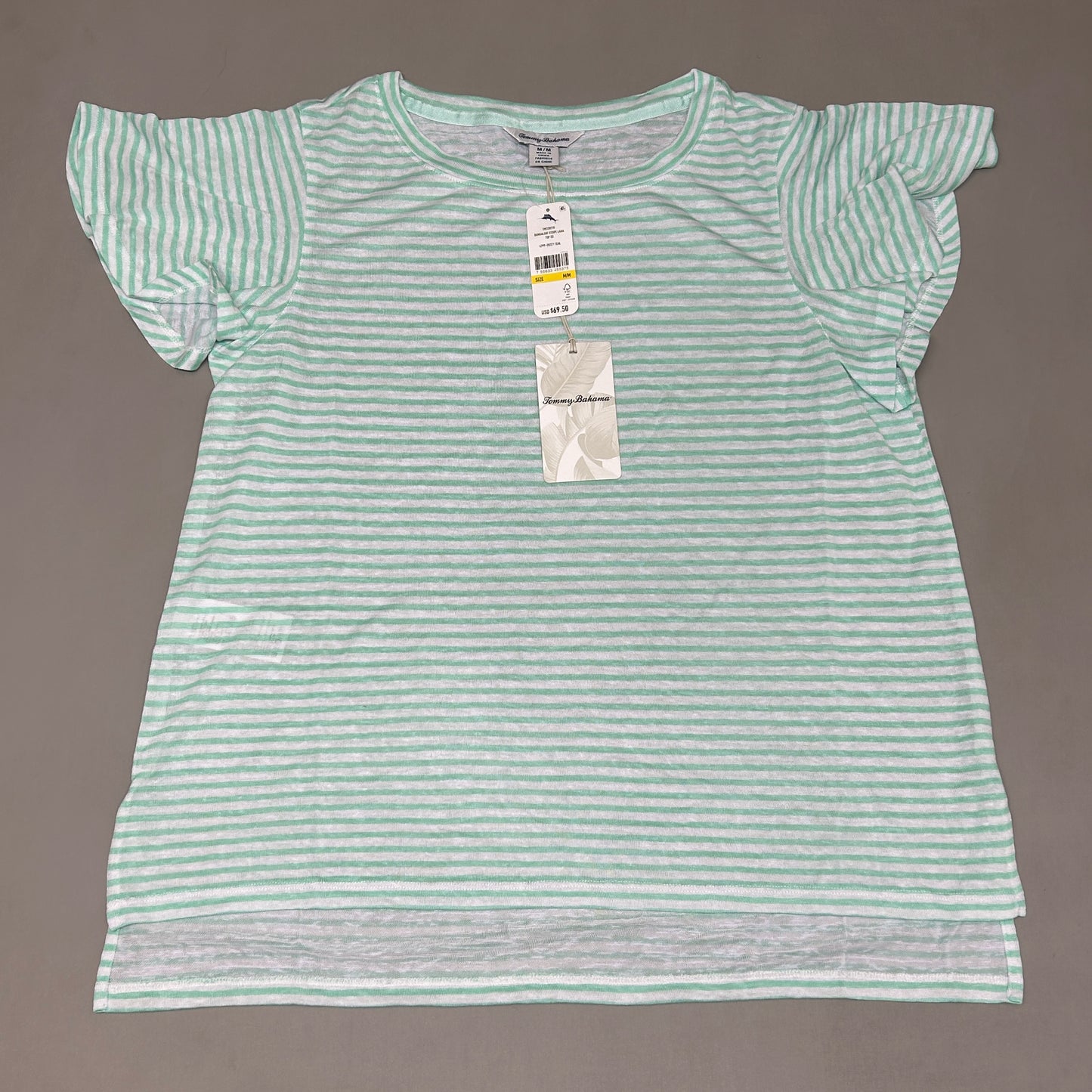 TOMMY BAHAMA Women's Bungalow Stripe Lana Top Short Sleeve Green/White Size M (New)