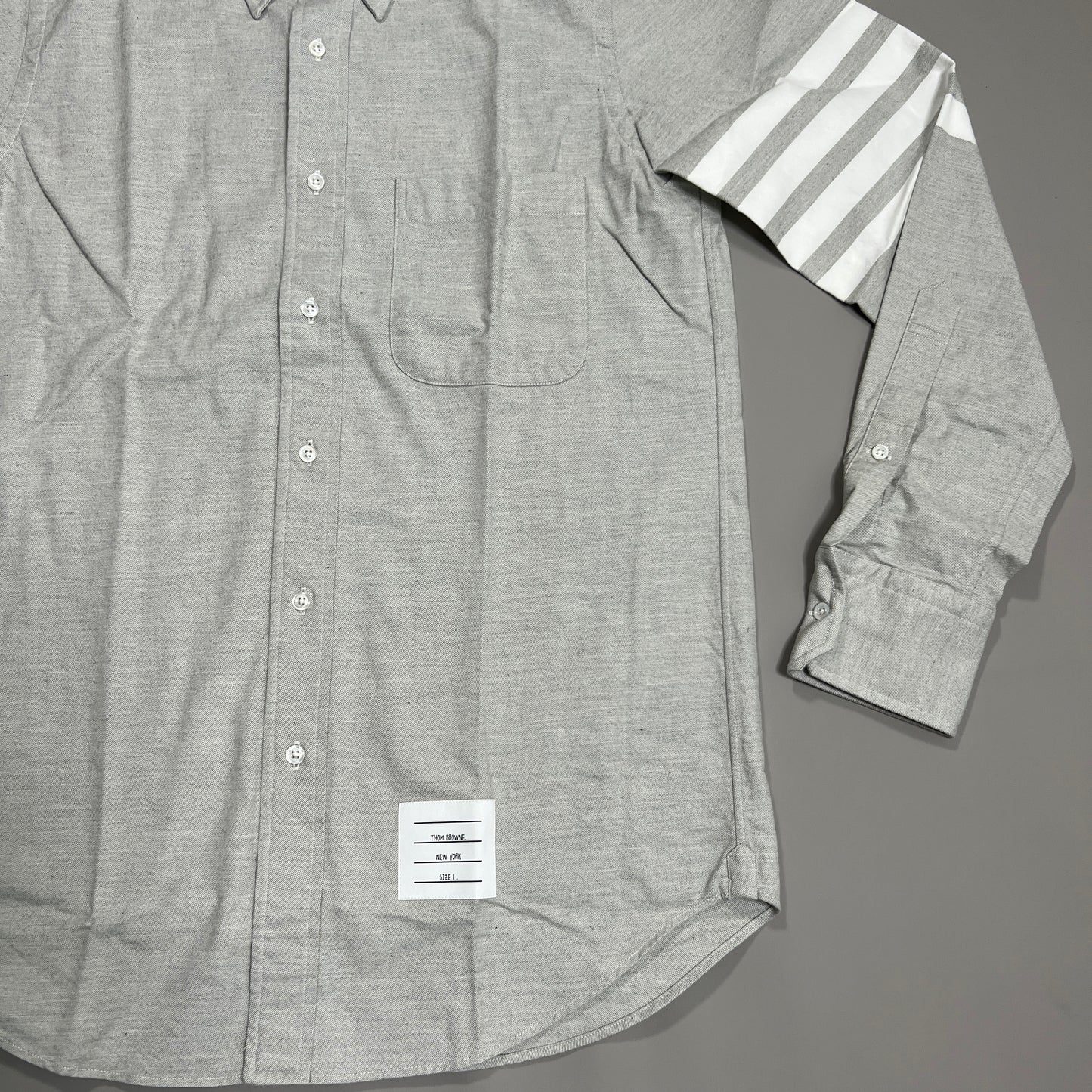 THOM BROWNE Straight Fit Button-Down Long Sleeve w/CB RWB Flannel shirt w/woven 4 Bar Sleeve in Med Grey Size 1 (NEW)