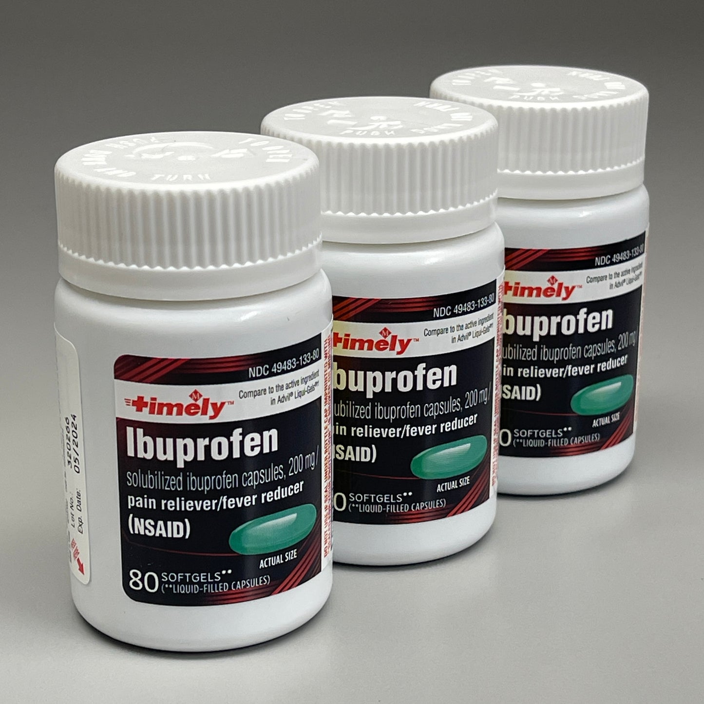 TIMELY Ibuprofen 3-PACK! 80 Softgels 200mg Pain Reliever/Fever Reducer BB 05/24 (New)