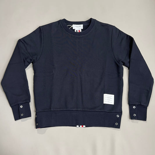THOM BROWNE Crewneck Pullover w/Center-Back RWB Stripe in Classic Loopback Navy Size 0 (New)