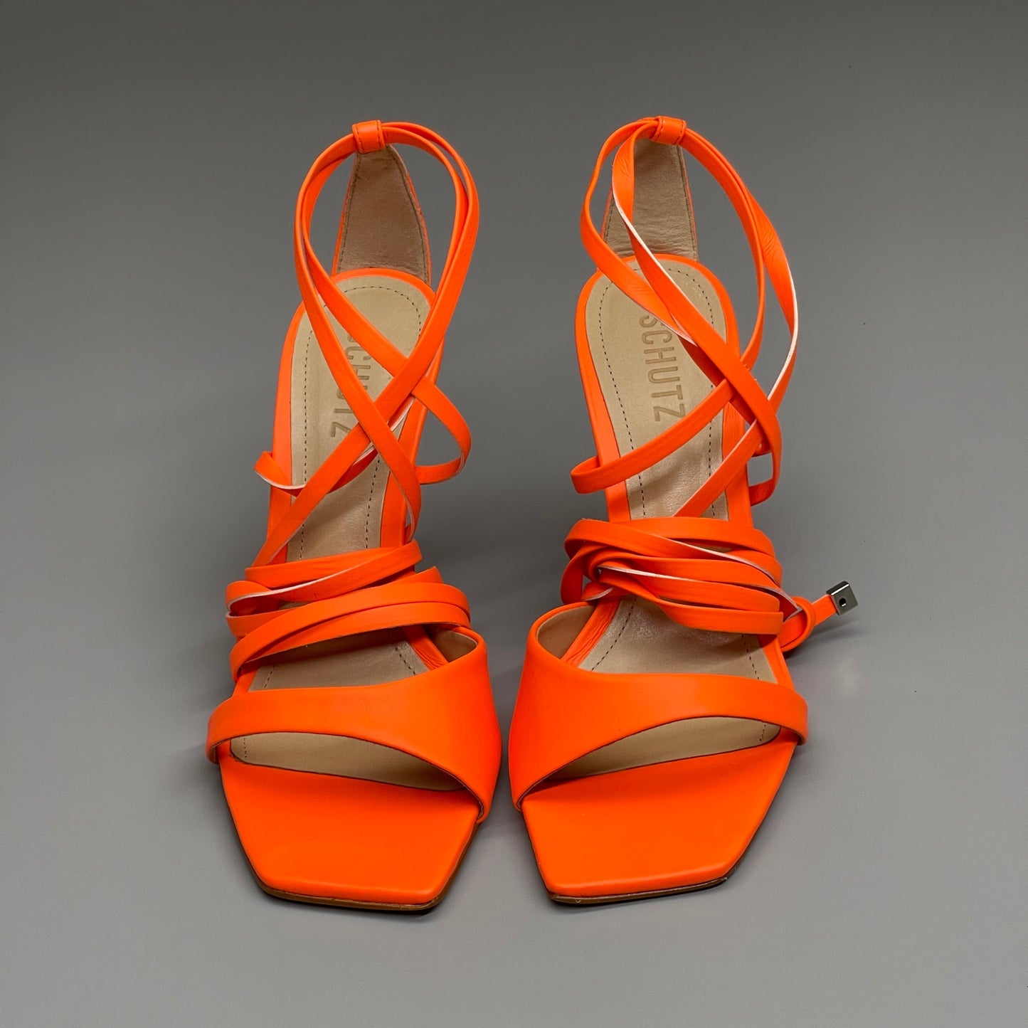 SCHUTZ Bryce Ankle Tie Women's High Heel Leather Strappy Sandal Acid Orange Sz 7.5 (New)