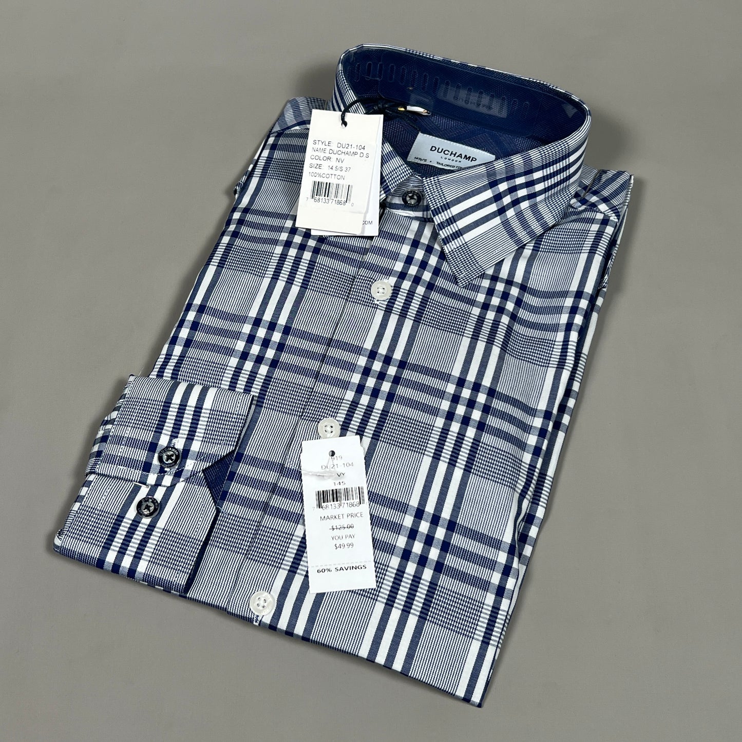 DUCHAMP LONDON Navy Pattern Tailored-fit Dress Shirt Men's Sz S / 37 / 14.5 (New)