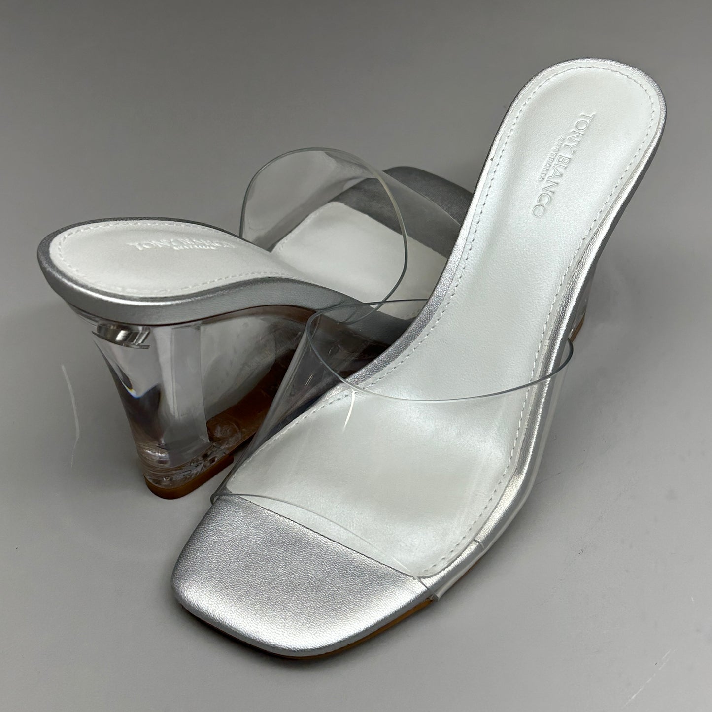 TONY BIANCO Alessi Clear Vinylite/Silver Wedges Women's Heels Sz 5 (New)