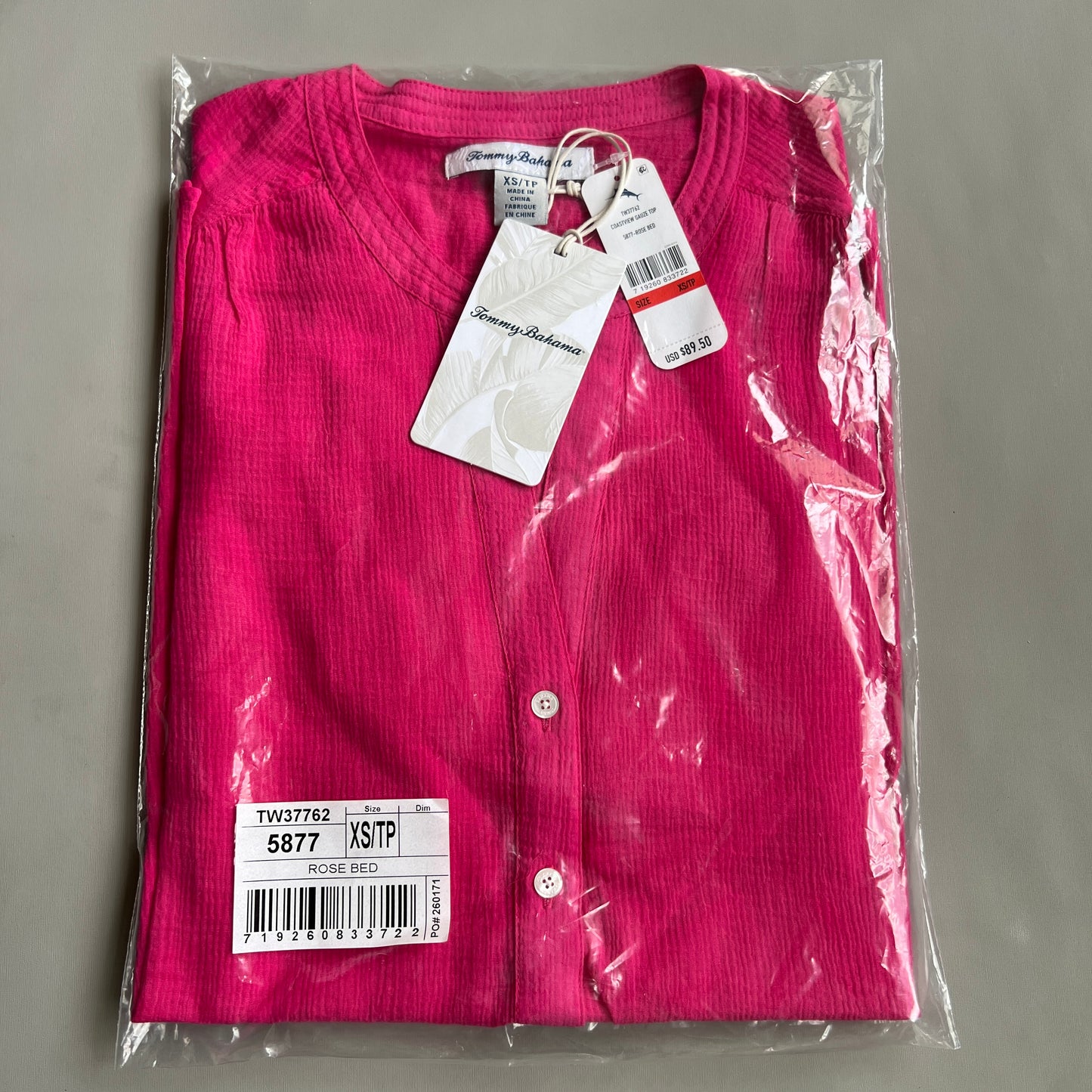 TOMMY BAHAMA Women's Coastview Gauze Top 3/4 Sleeve Rose Bed Size XS (New)