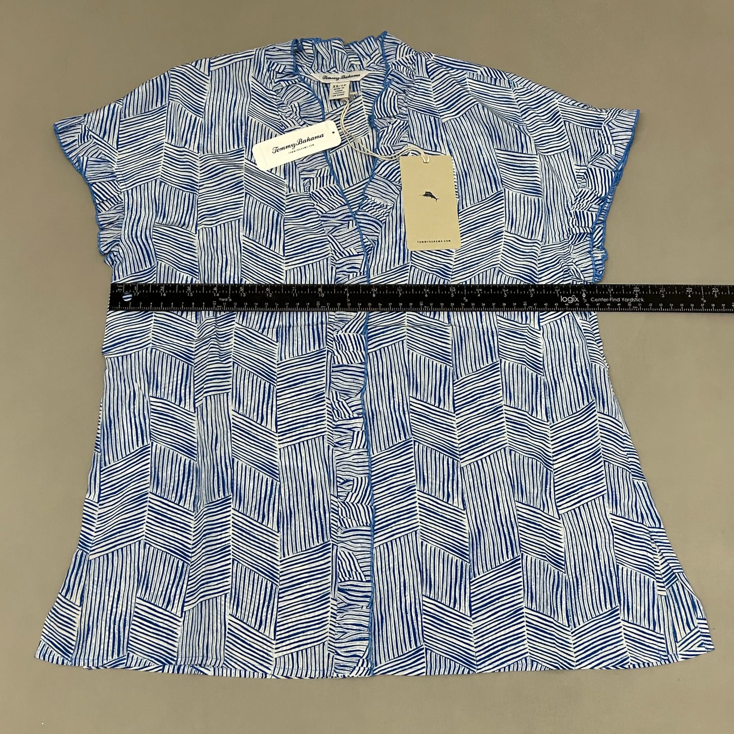 TOMMY BAHAMA Women's Harbor Island Ruffle Top Short Sleeve Silk Blue/White Size XS (New)