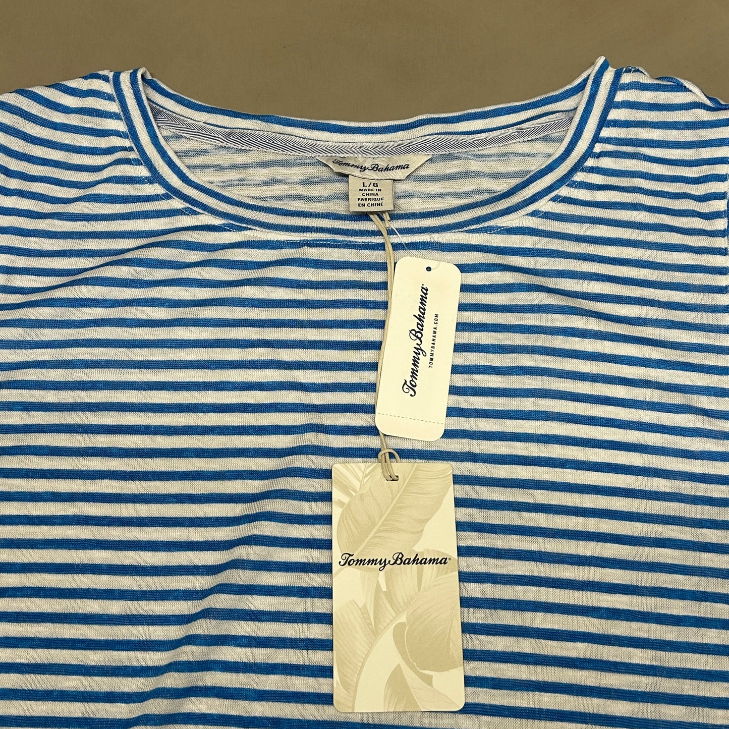 TOMMY BAHAMA Women's Bungalow Stripe Lana Top Short Sleeve Blue/White Size L (New)