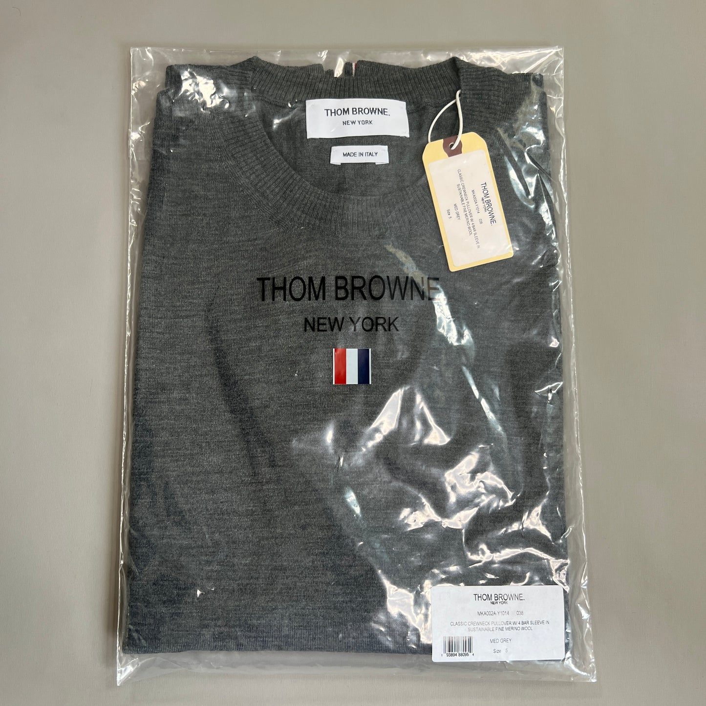 THOM BROWNE New York Classic Crewneck Pullover w/4 Bar Sleeve in Sustainable Fine Merino Wool Med Grey Size 5 (New)