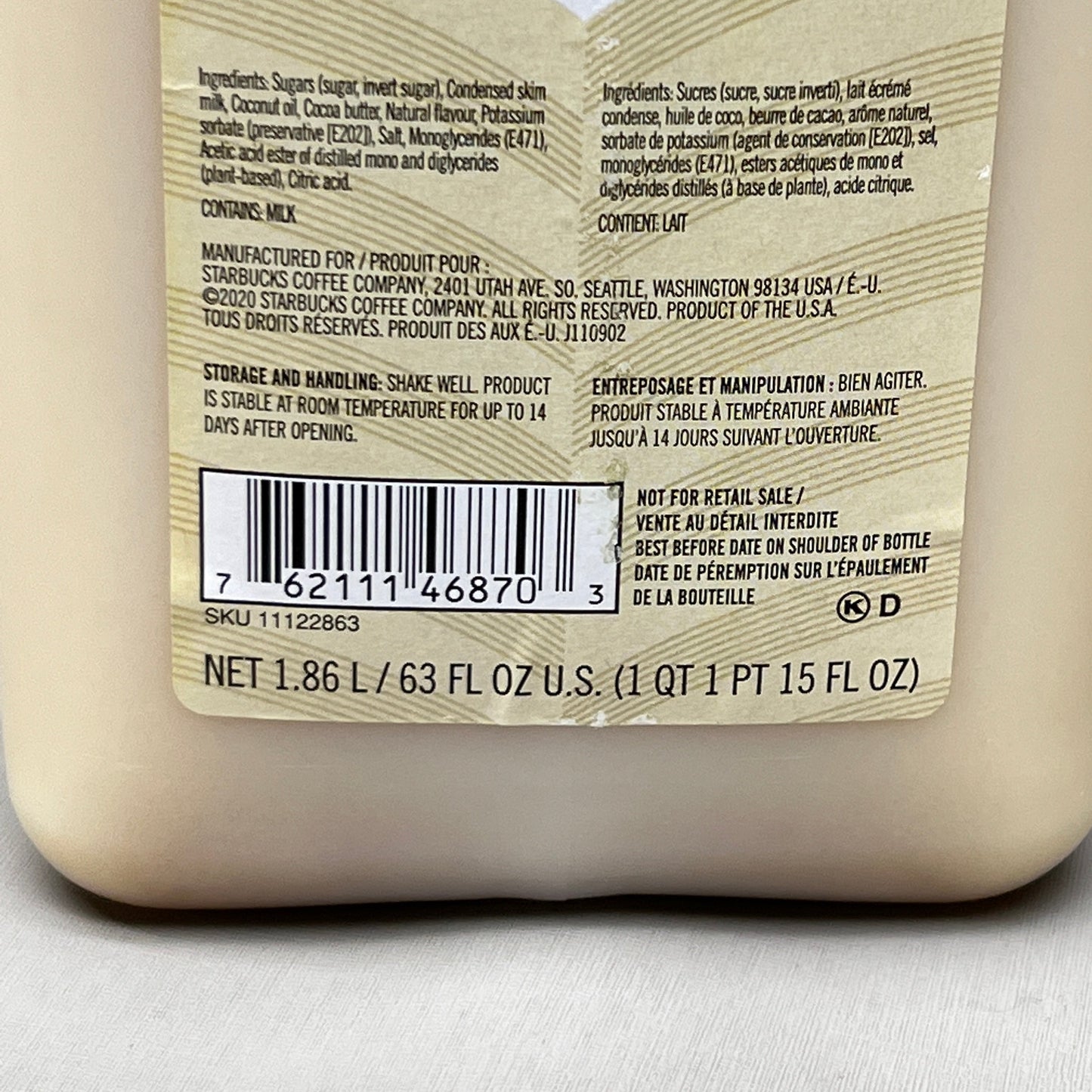 ZA@ STARBUCKS Fontana White Chocolate Flavored Sauce for Beverages 1.86 L BB 01/26