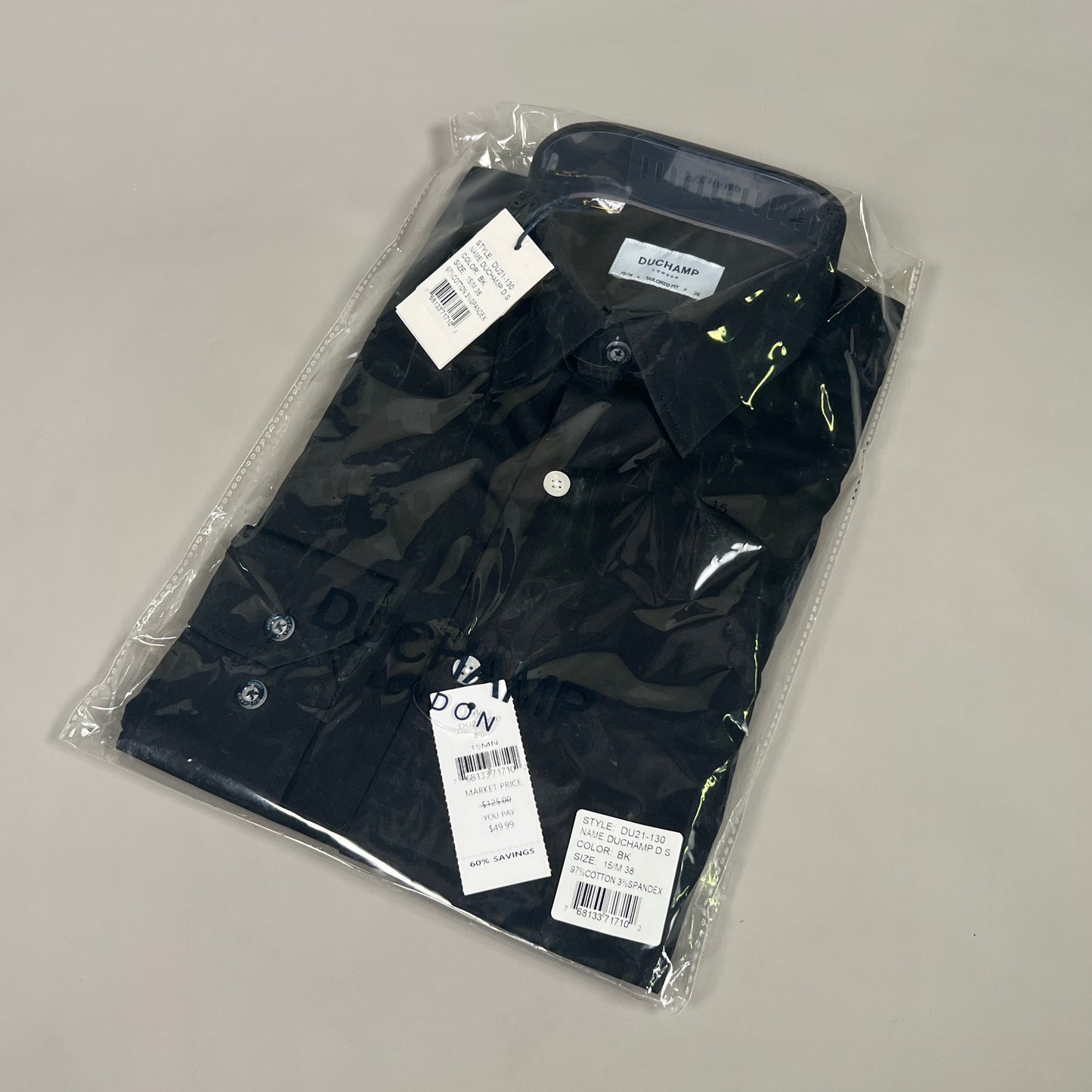 DUCHAMP LONDON Black Solid Tailored-fit Dress Shirt Men's Sz M / 38 / 15 (New)