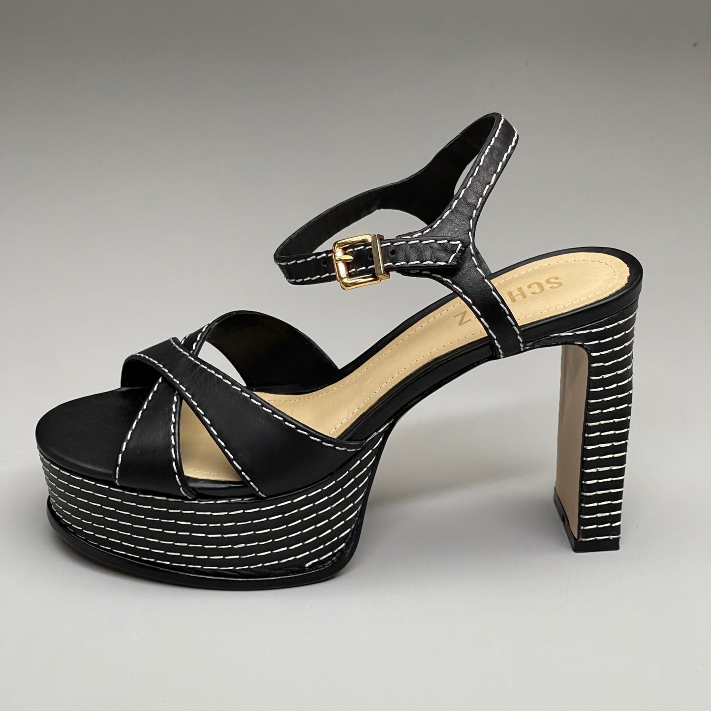 SCHUTZ Keefa Casual Women's Leather Sandal Black Platform 4" Heel Shoes Sz 8B (New)
