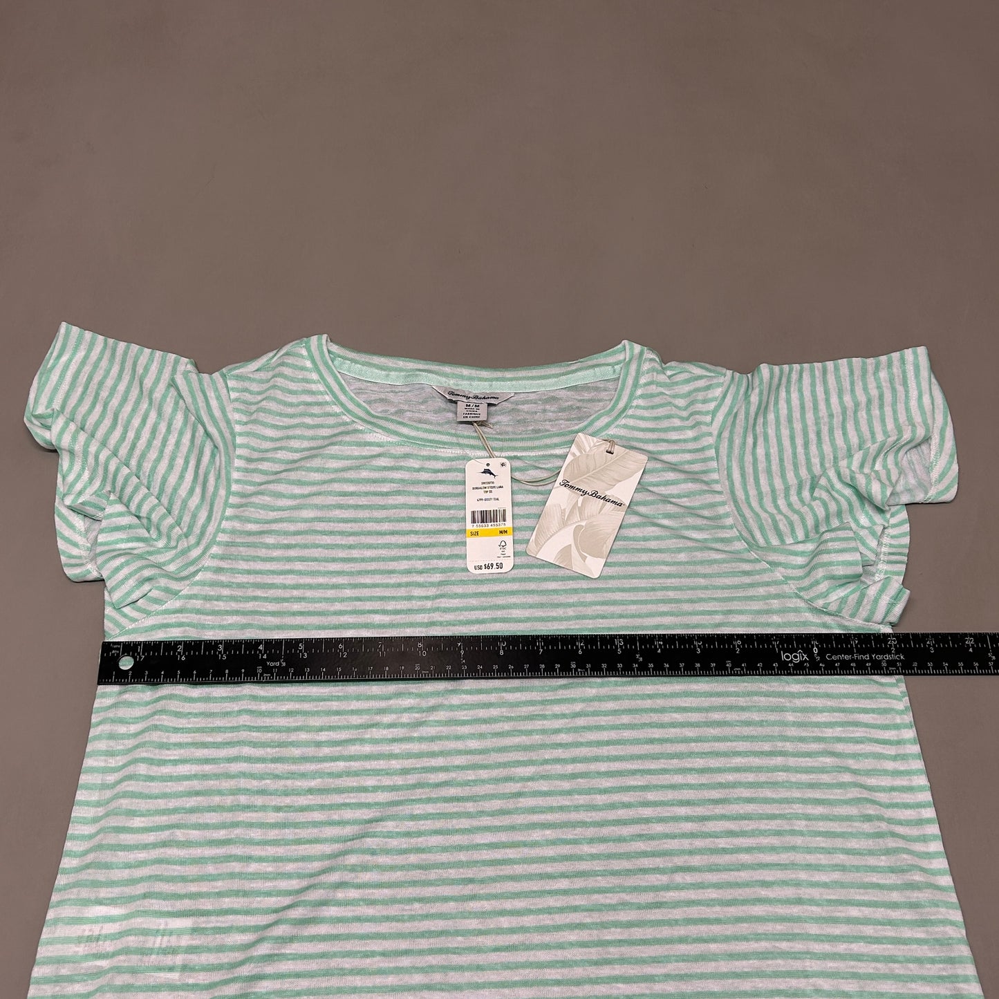 TOMMY BAHAMA Women's Bungalow Stripe Lana Top Short Sleeve Green/White Size M (New)