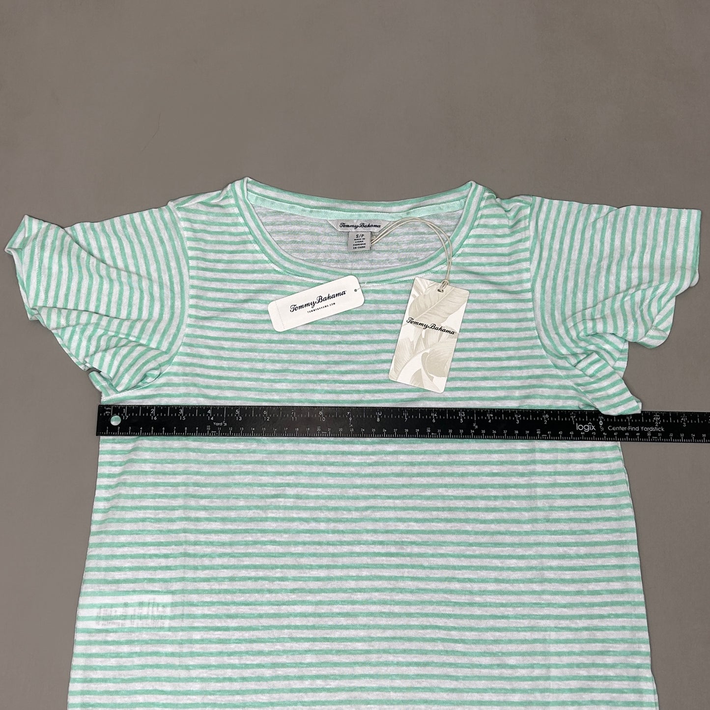 TOMMY BAHAMA Women's Bungalow Stripe Lana Top Short Sleeve Green/White Size S (New)