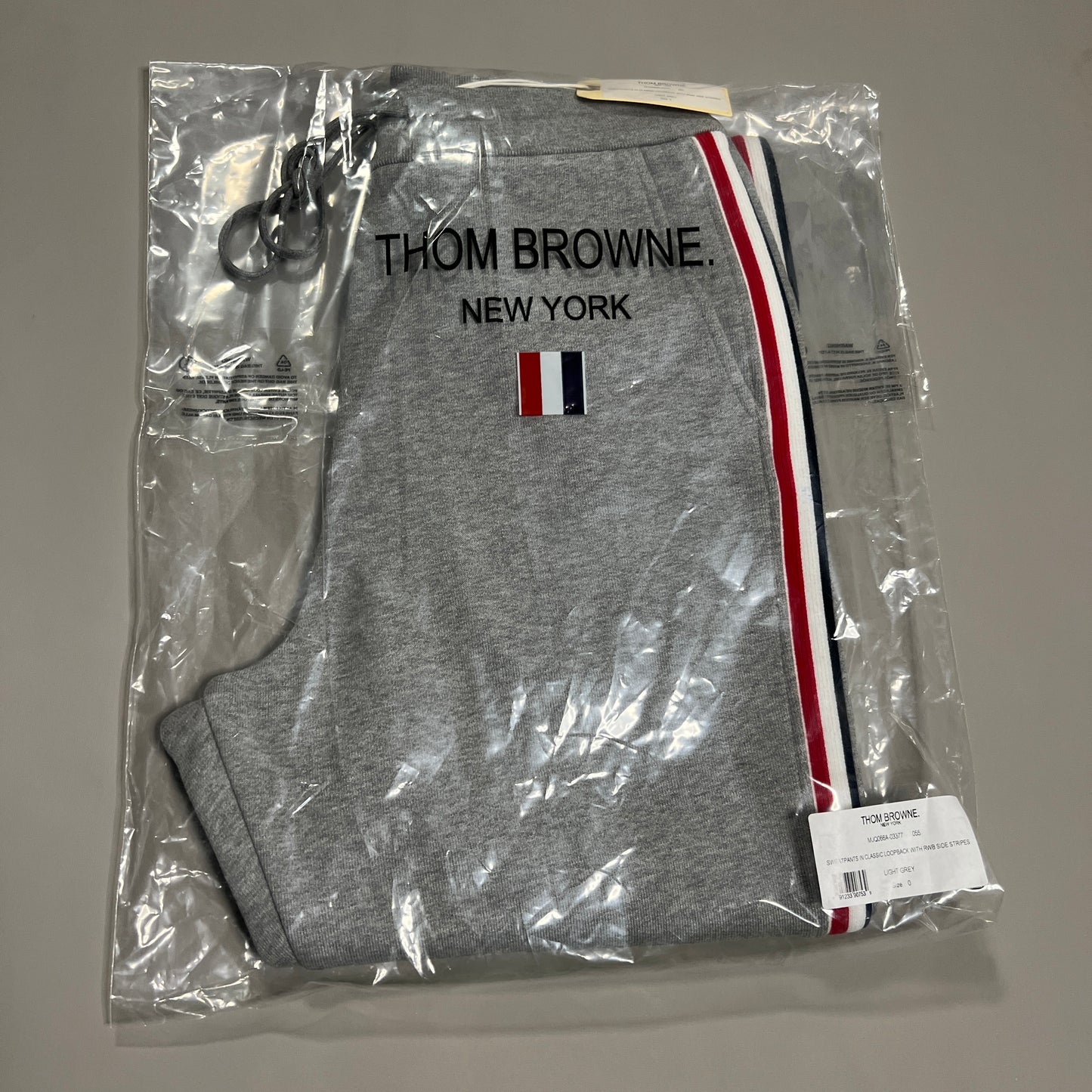 THOM BROWNE Sweat Pants in Classic LoopBack w/RWB Side Stripes Light Grey Size 0 (New)