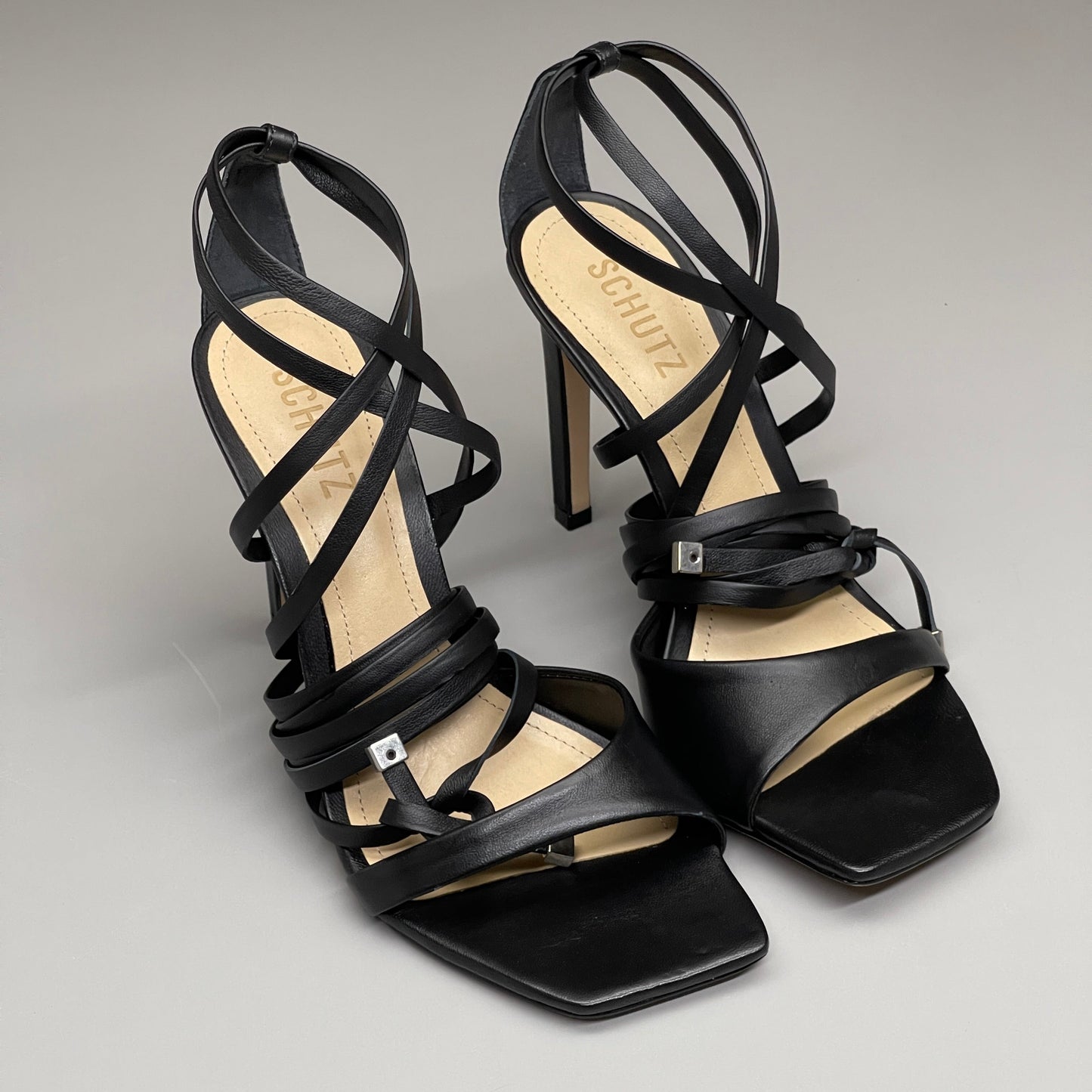 SCHUTZ Bryce Ankle Tie Women's Leather High Heel Strappy Sandal Black Sz 8B (New)