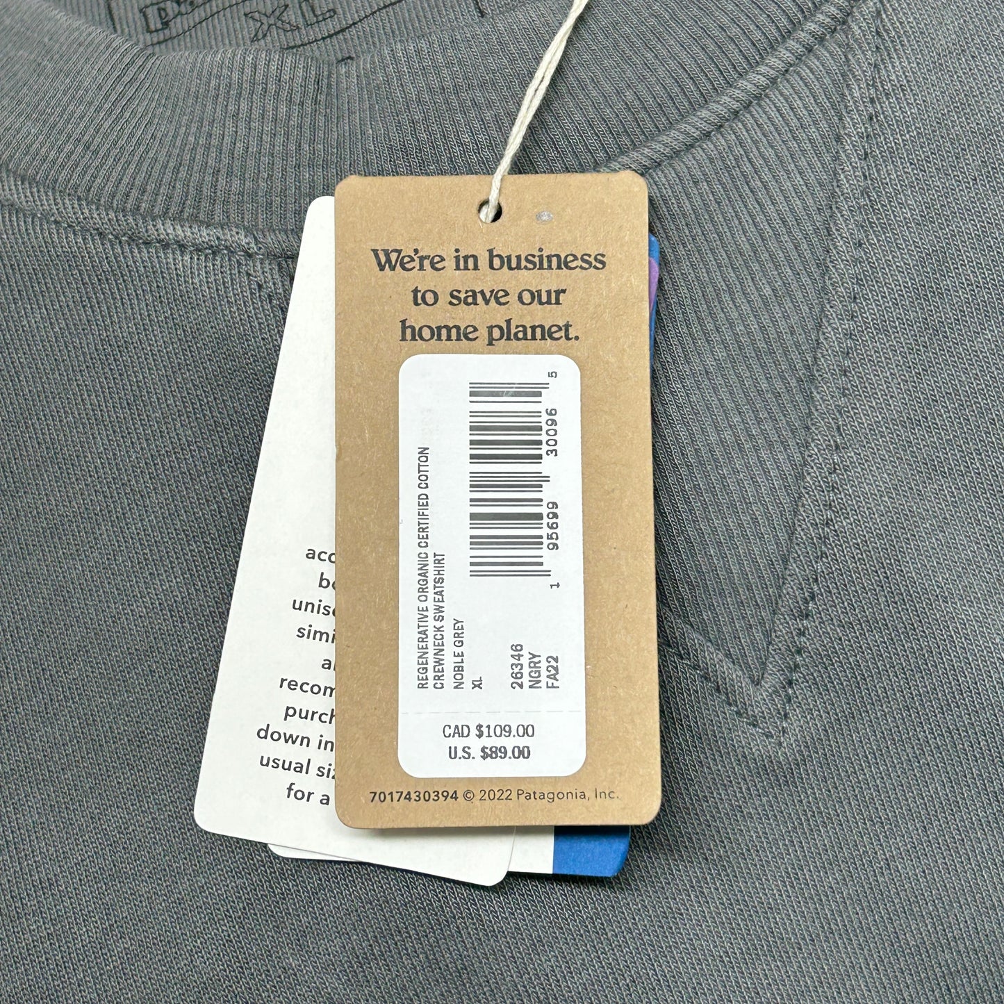 PATAGONIA Regenerative Organic Cotton Crewneck Sweatshirt Sz XL Noble Grey (New)