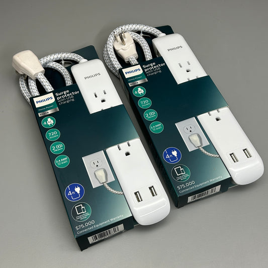 PHILLIPS 2-PACK! Surge Protector 4 Outlet 2 USB Power Strip 4ft (New)