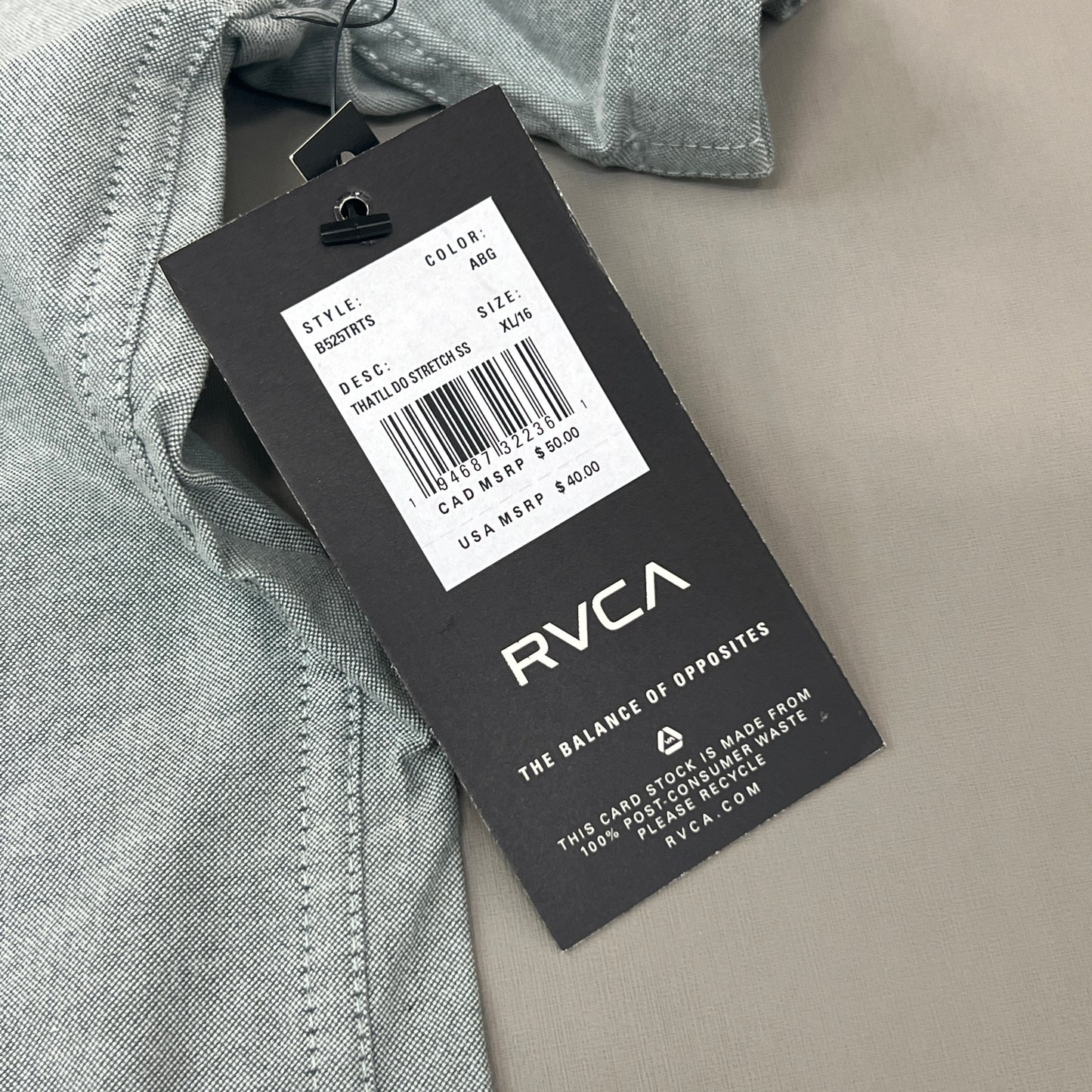 RVCA That'll Do Stretch Short Sleeve Shirt Youth Sz XL / 16 B525TRTS Balsam Green (New)