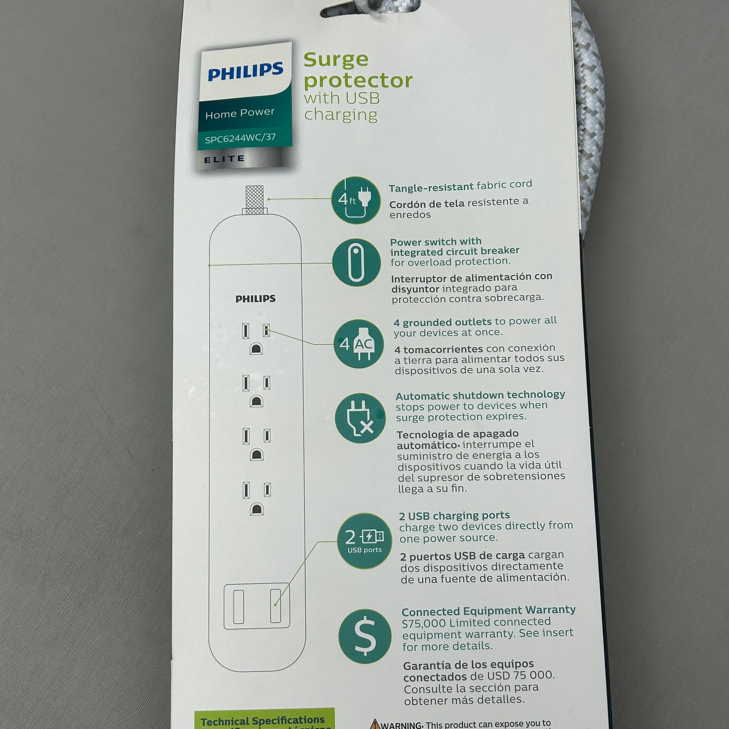 PHILLIPS Surge Protector 4 Outlet 2 USB Power Strip 4ft (New)