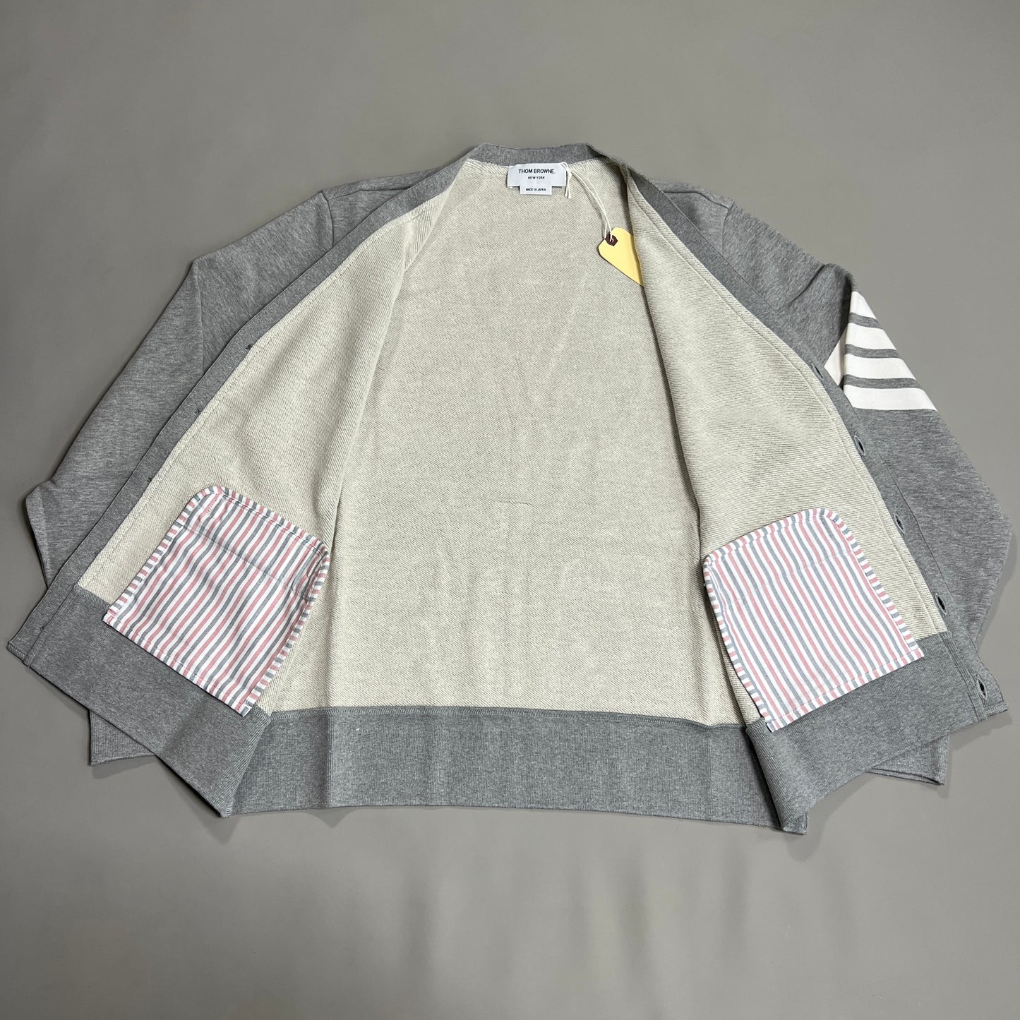 THOM BROWNE V-NECK Cardigan w/ 4Bar in Jersey Loopback Light Grey Size 1 (New)