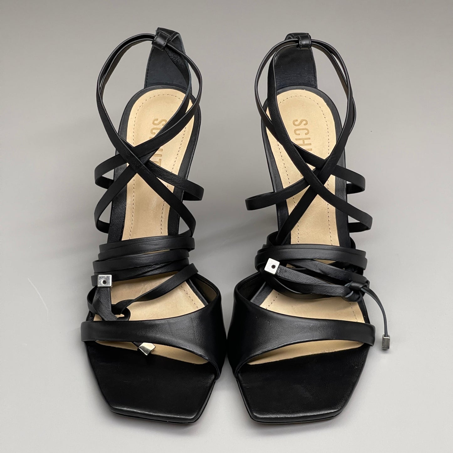 SCHUTZ Bryce Ankle Tie Women's Leather High Heel Strappy Sandal Black Sz 6B (New)