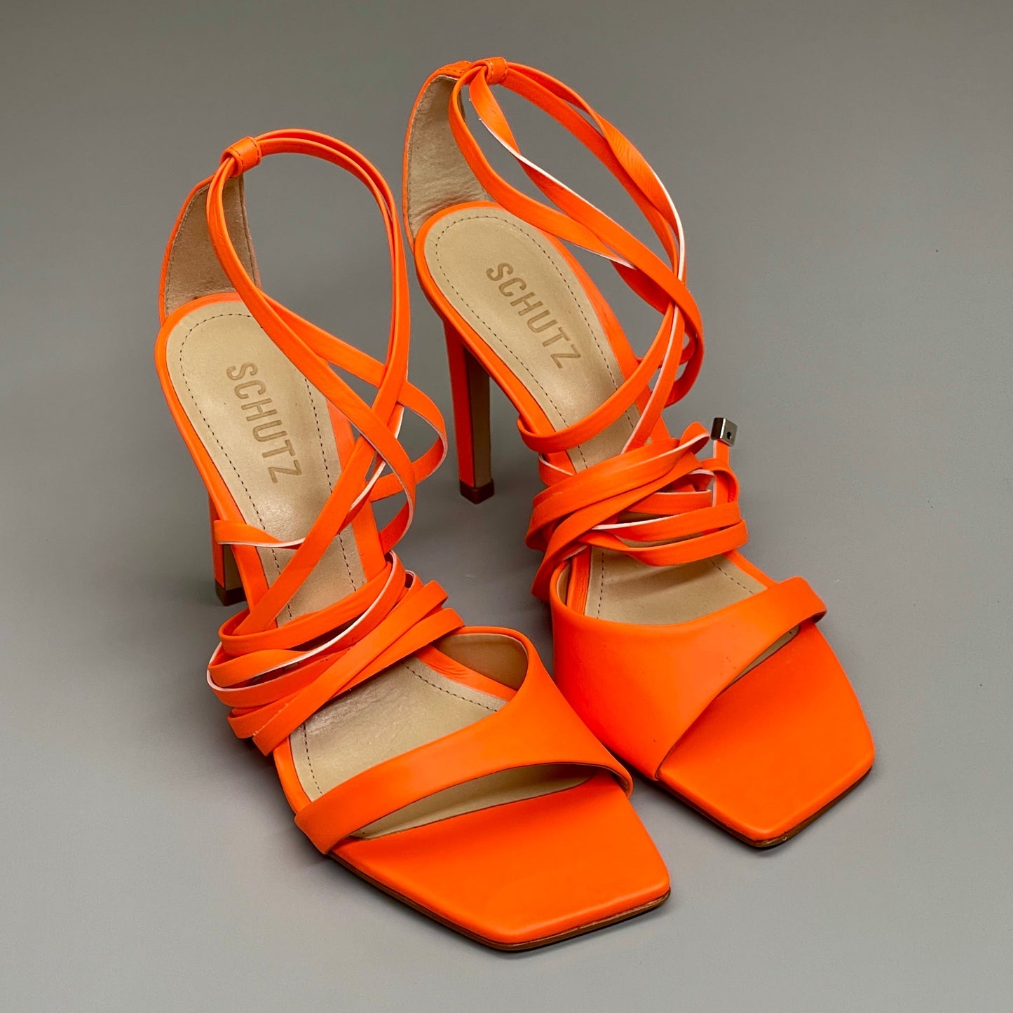 SCHUTZ Bryce Ankle Tie Women's High Heel Leather Strappy Sandal Acid Orange Sz 8 (New)