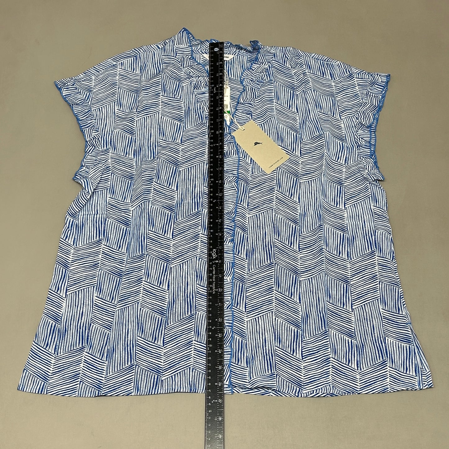 TOMMY BAHAMA Women's Harbor Island Ruffle Top Short Sleeve Silk Blue/White Size L (New)