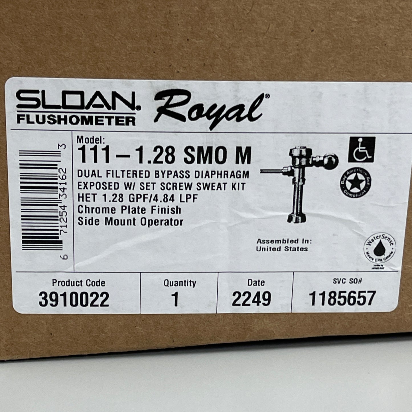 SLOAN Royal 111-1.28 SMO M Flushometer 1.28 GPF Automatic Flush Valve 3910022 (New)