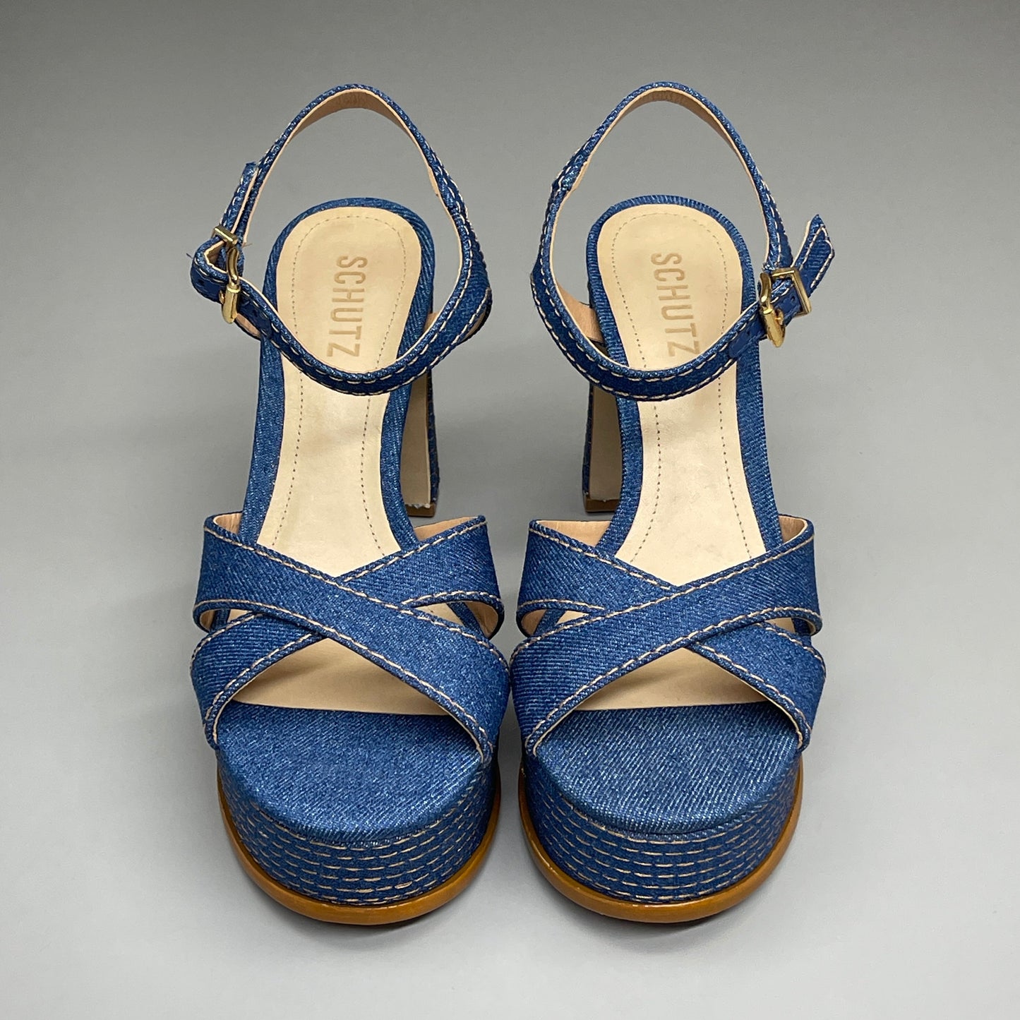 SCHUTZ Keefa Casual Denim Women's 4" Heeled Sandal Platform Blue Sz 7B(New)