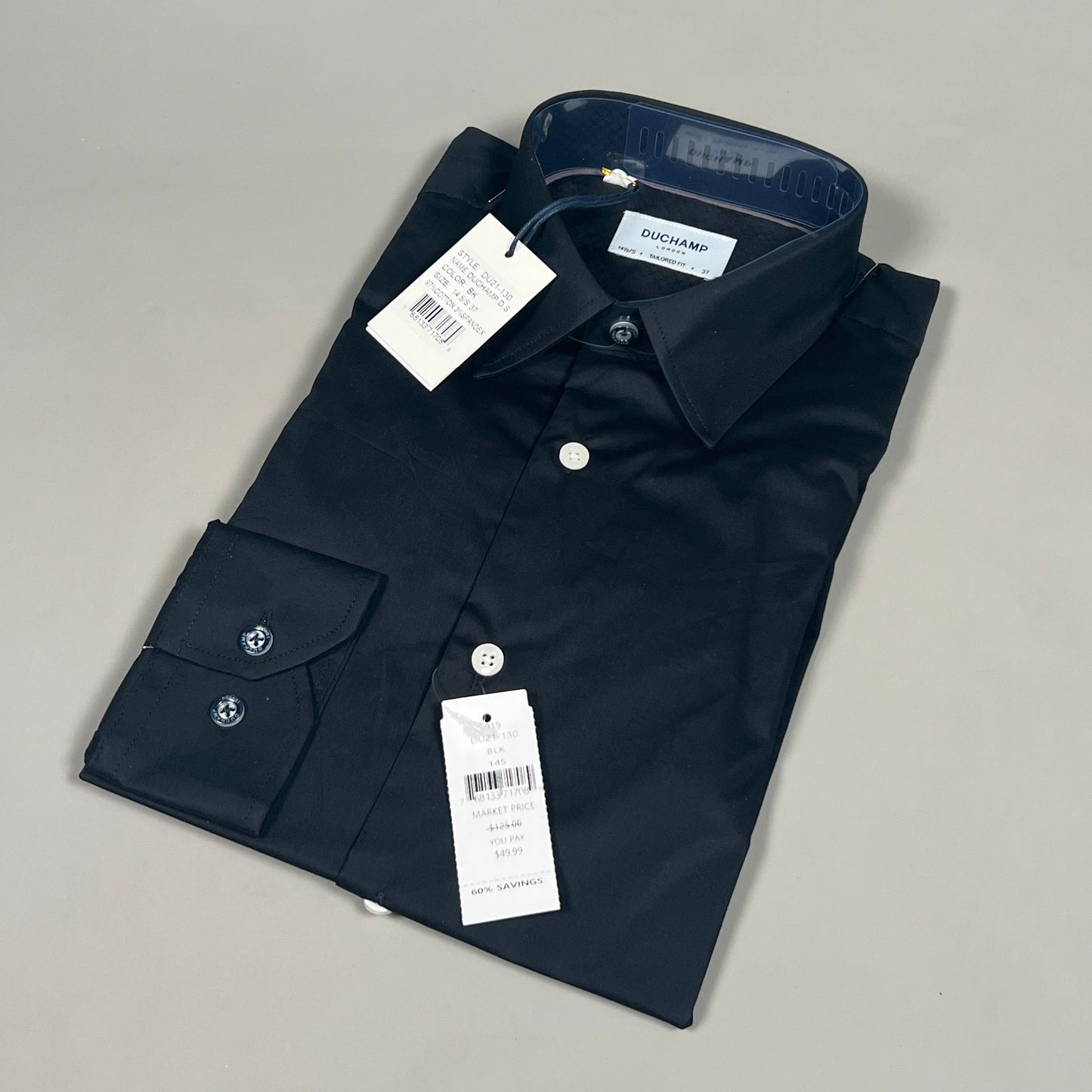 DUCHAMP LONDON Black Solid Tailored-fit Dress Shirt Men's Sz S / 37 / 14.5 (New)