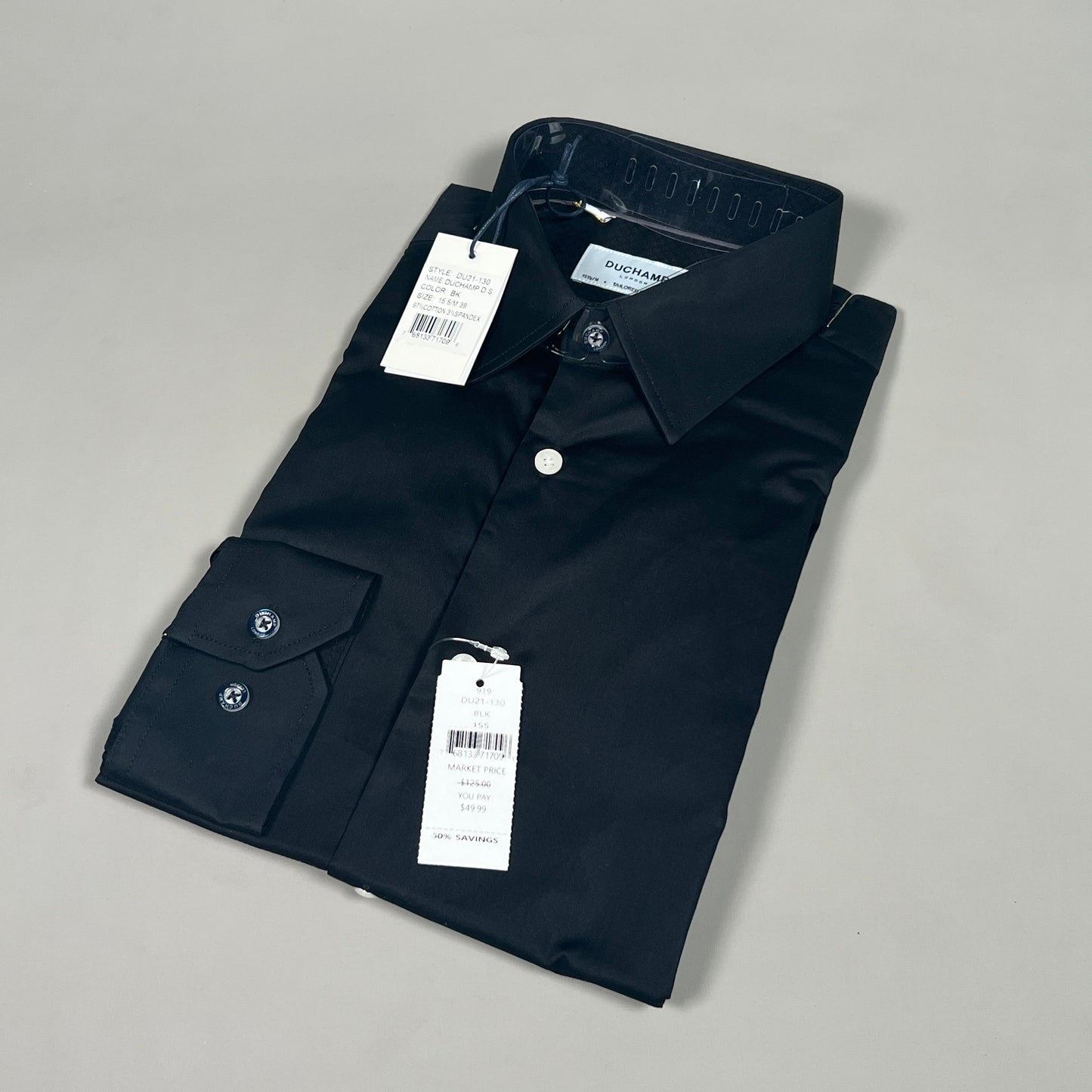DUCHAMP LONDON Black Solid Tailored-fit Dress Shirt Men's Sz M / 39 / 15.5 (New)