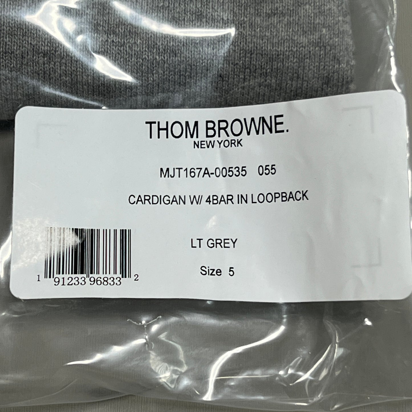 THOM BROWNE V-NECK Cardigan w/ 4Bar in Jersey Loopback Light Grey Size 5 (New)